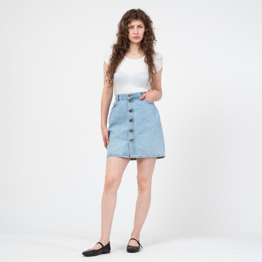 Vintage 90s Denim Button Front Mini Skirt - Medium, 29" Waist | High Waisted Blue Jean Skirt