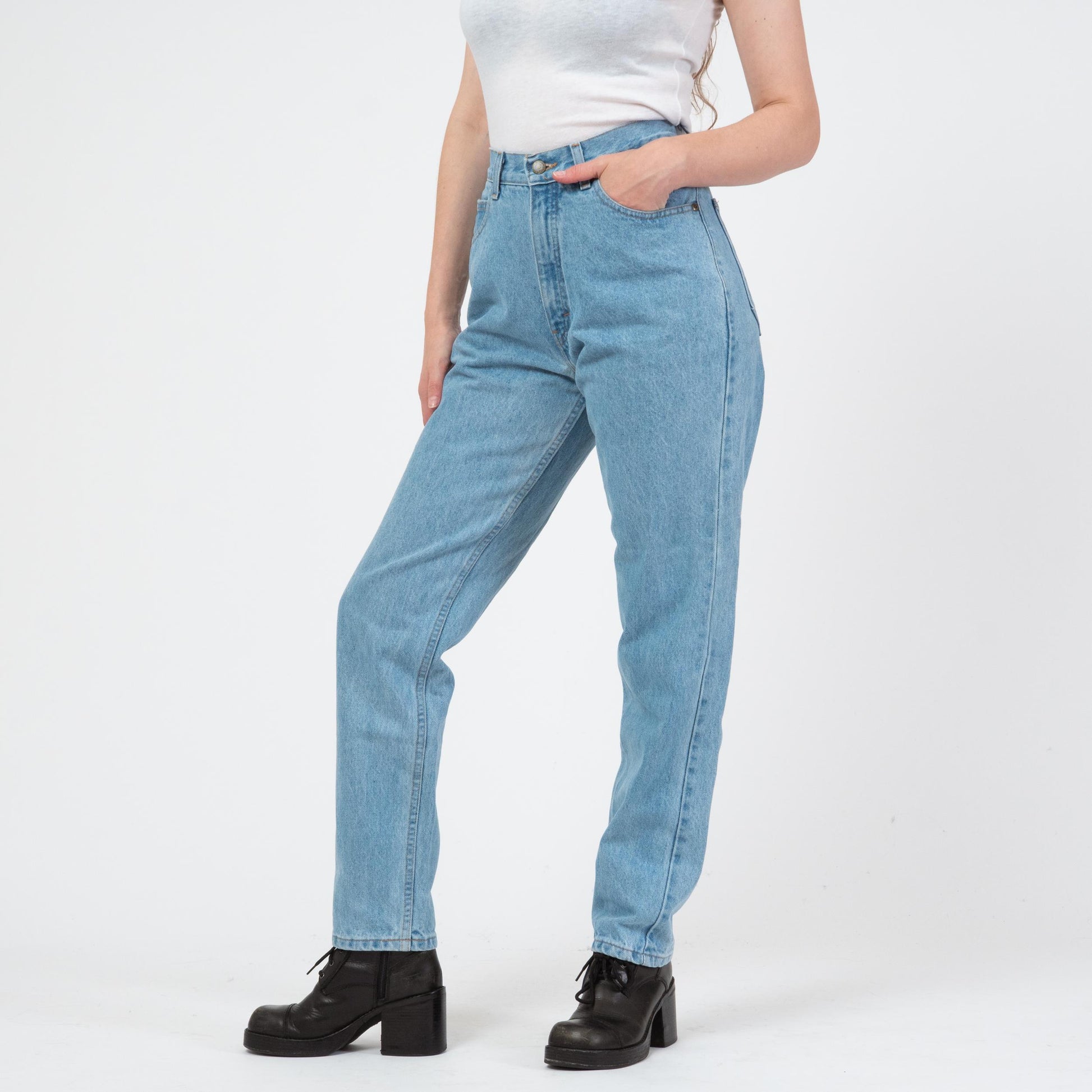 Vintage 90s Light Wash High Waisted Jeans - Medium, 28" Waist | Tapered Leg Mom Jeans