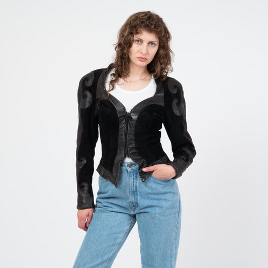 Vintage 80s Karen Okada New Wave Black Leather Jacket - Small | Avant Garde Cropped Moto Jacket