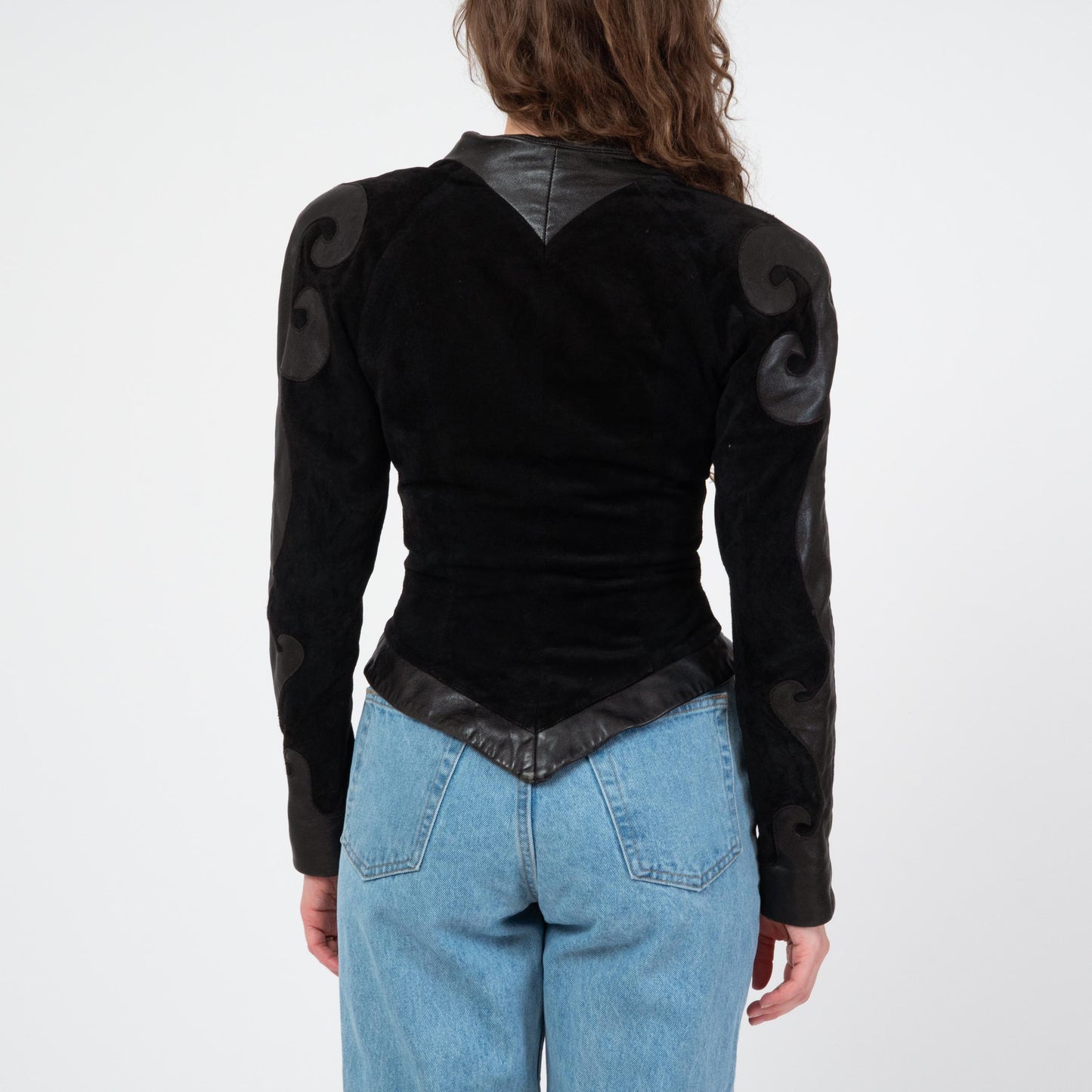 Vintage 80s Karen Okada New Wave Black Leather Jacket - Small | Avant Garde Cropped Moto Jacket