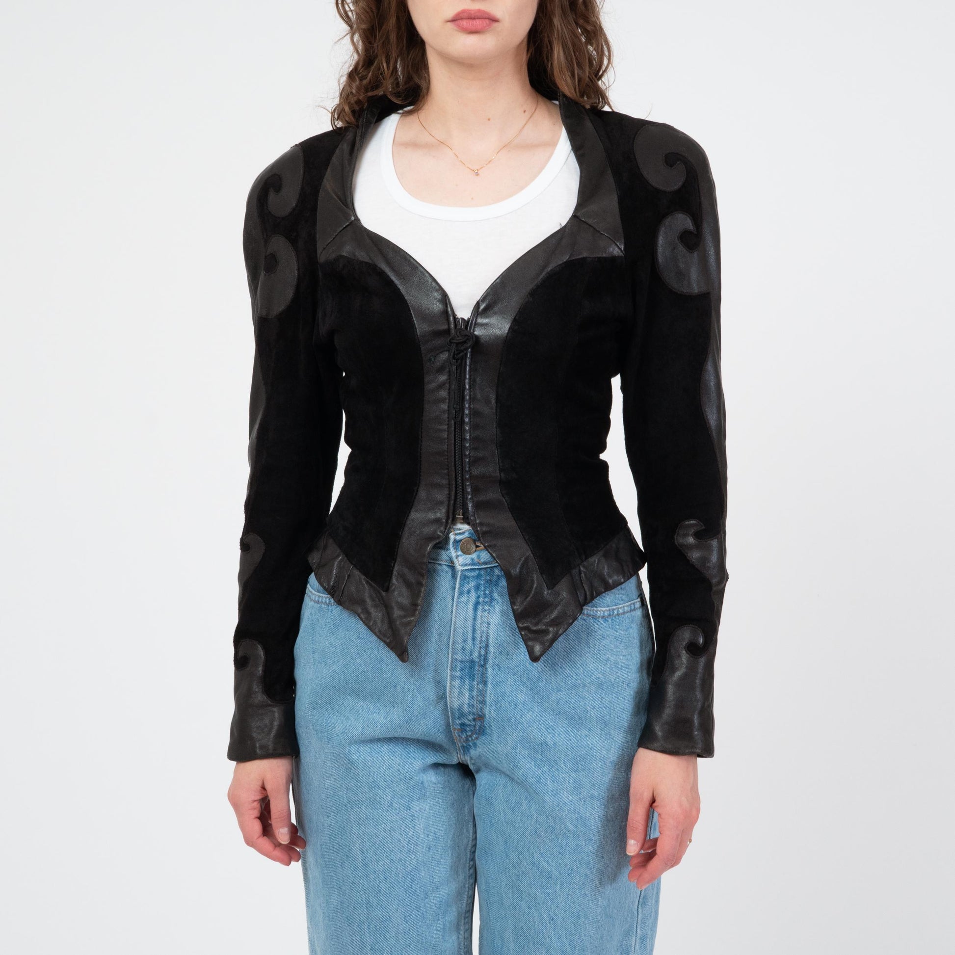 Vintage 80s Karen Okada New Wave Black Leather Jacket - Small | Avant Garde Cropped Moto Jacket