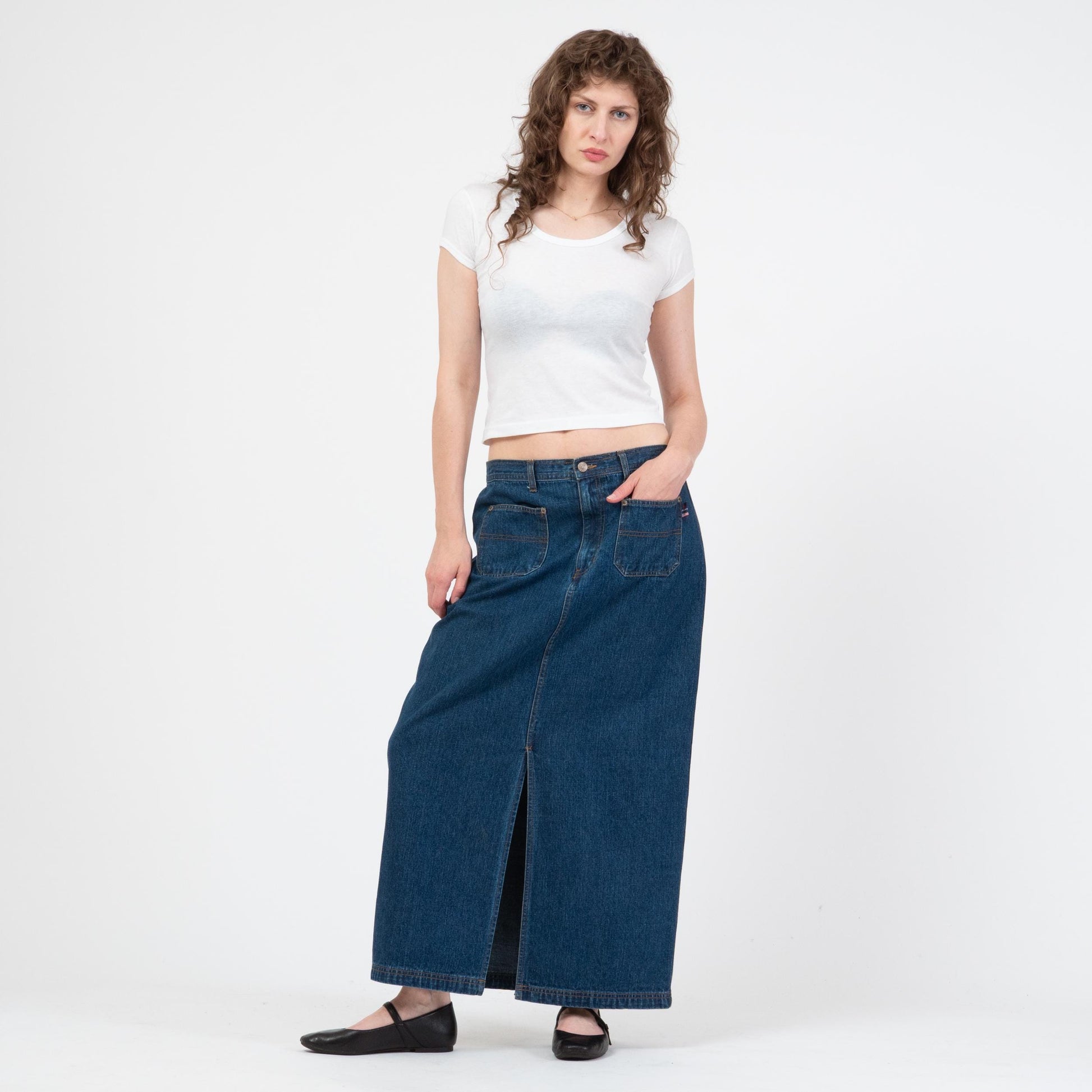 Vintage 90s Dark Wash Denim Maxi Skirt - Medium | Mid Rise Long Jean Skirt