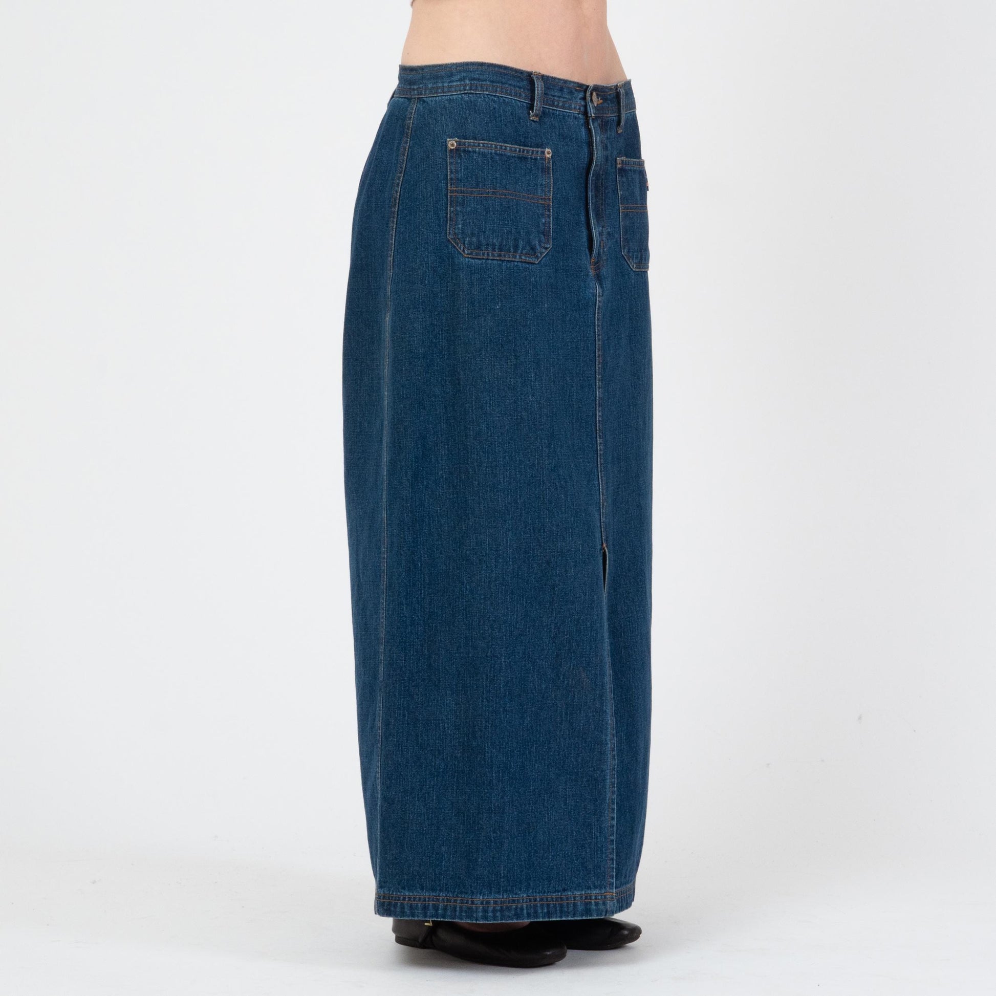 Vintage 90s Dark Wash Denim Maxi Skirt - Medium | Mid Rise Long Jean Skirt