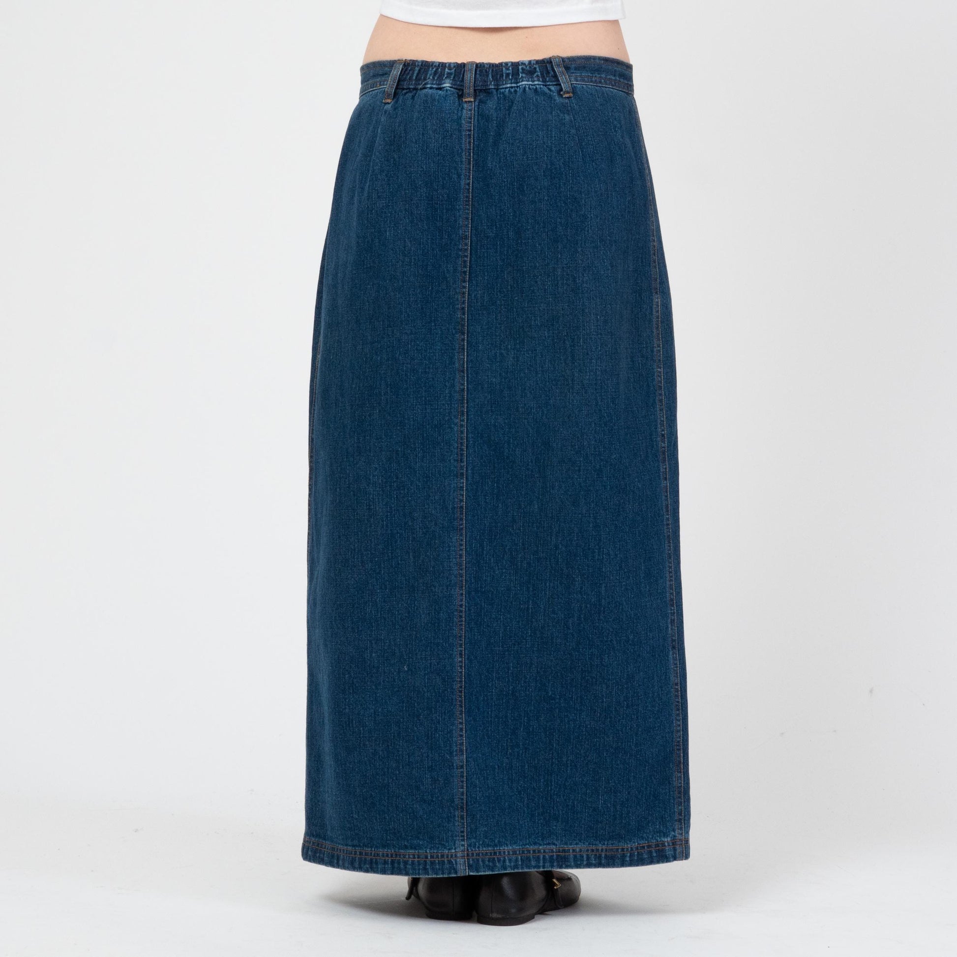 Vintage 90s Dark Wash Denim Maxi Skirt - Medium | Mid Rise Long Jean Skirt