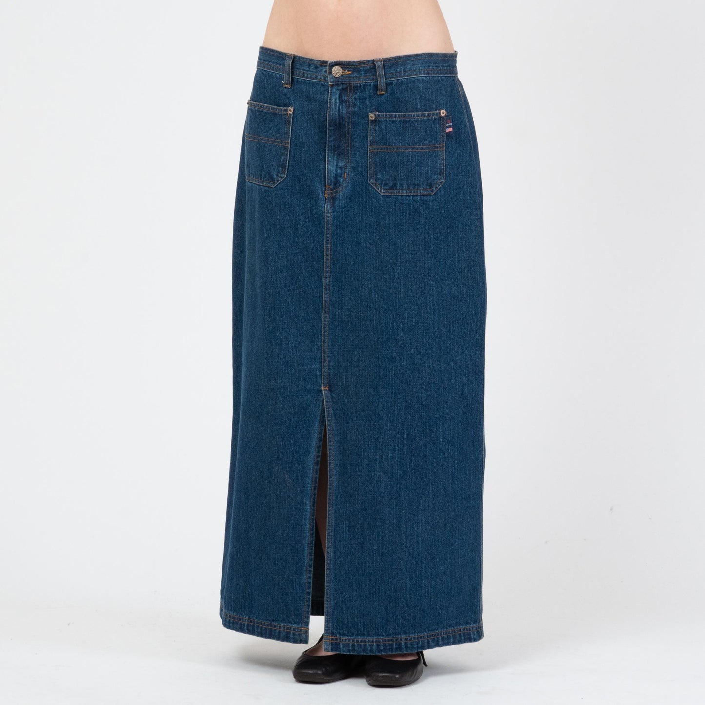 Vintage 90s Dark Wash Denim Maxi Skirt - Medium | Mid Rise Long Jean Skirt