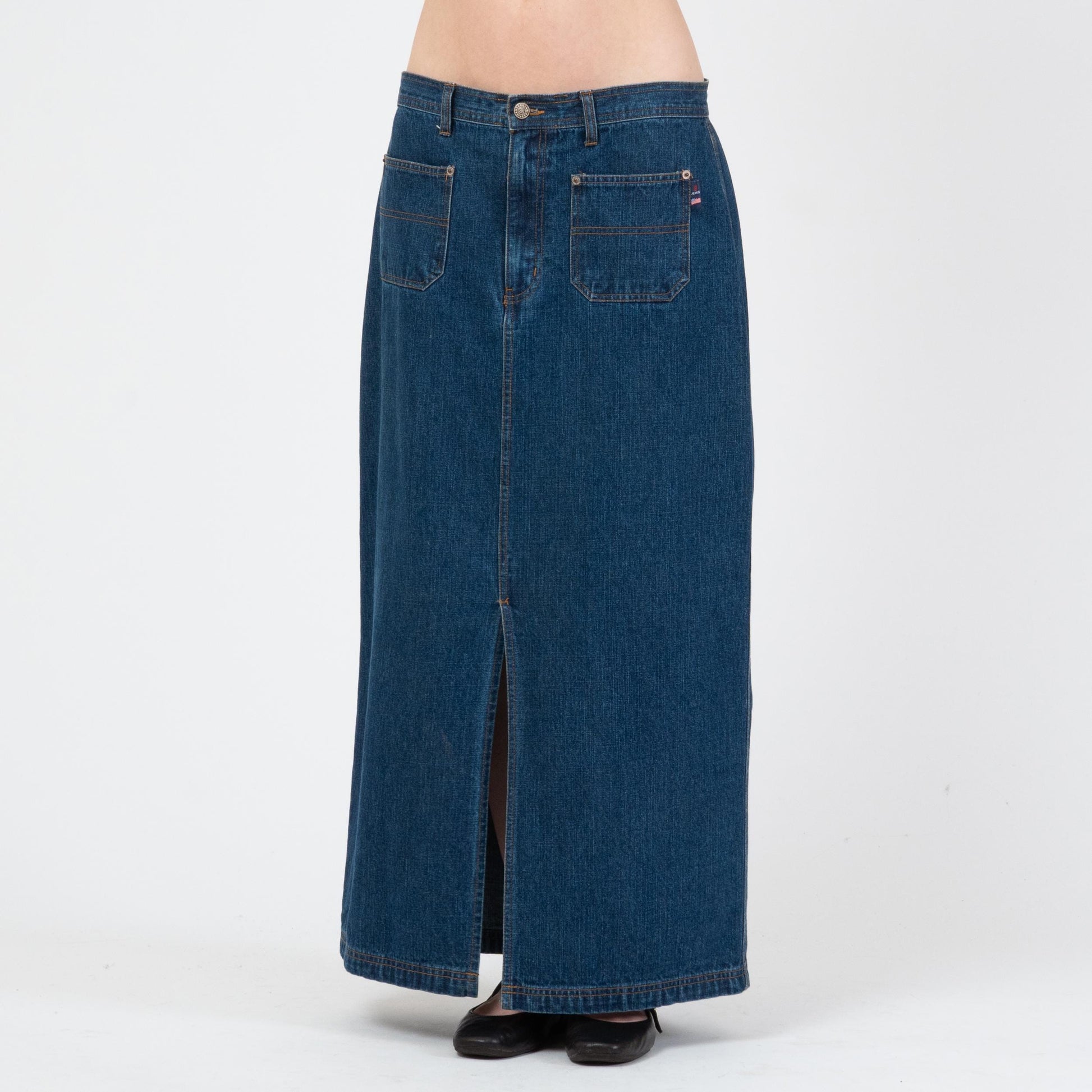 Vintage 90s Dark Wash Denim Maxi Skirt - Medium | Mid Rise Long Jean Skirt