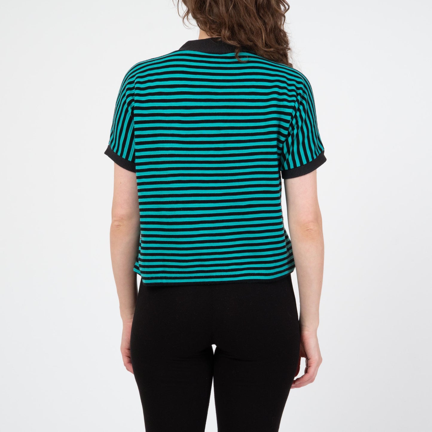 Vintage 80s Black & Teal Striped Mockneck Top - Medium | Dolman Sleeve Pullover Shirt