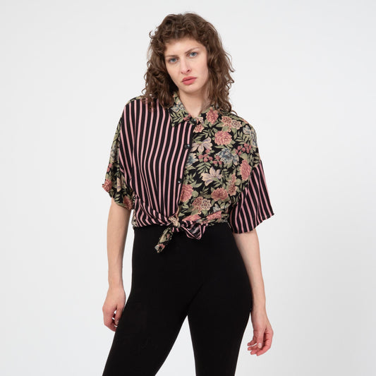 Vintage 90s Floral & Striped Print Button Up Shirt - Medium | Oversize Short Sleeve Grunge Top