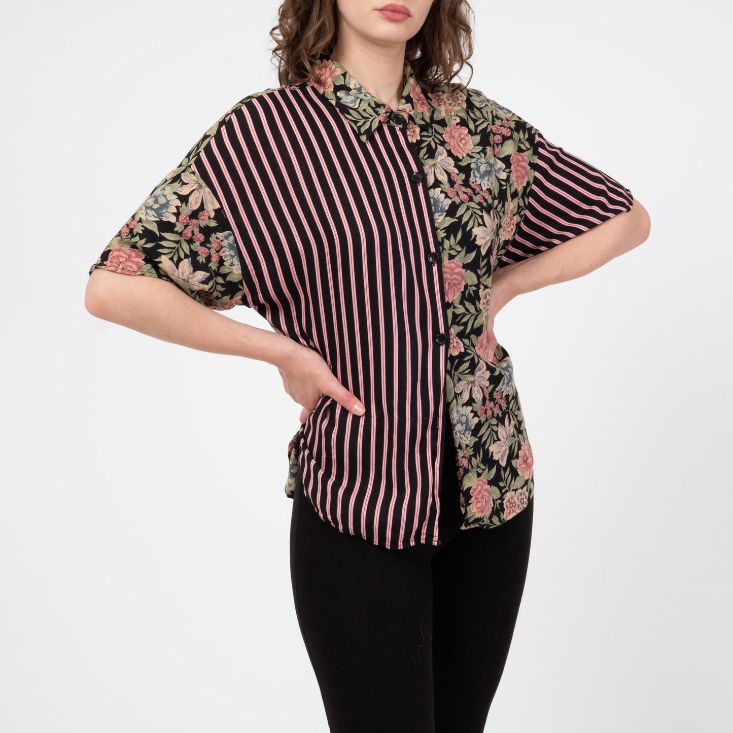 Vintage 90s Floral & Striped Print Button Up Shirt - Medium | Oversize Short Sleeve Grunge Top