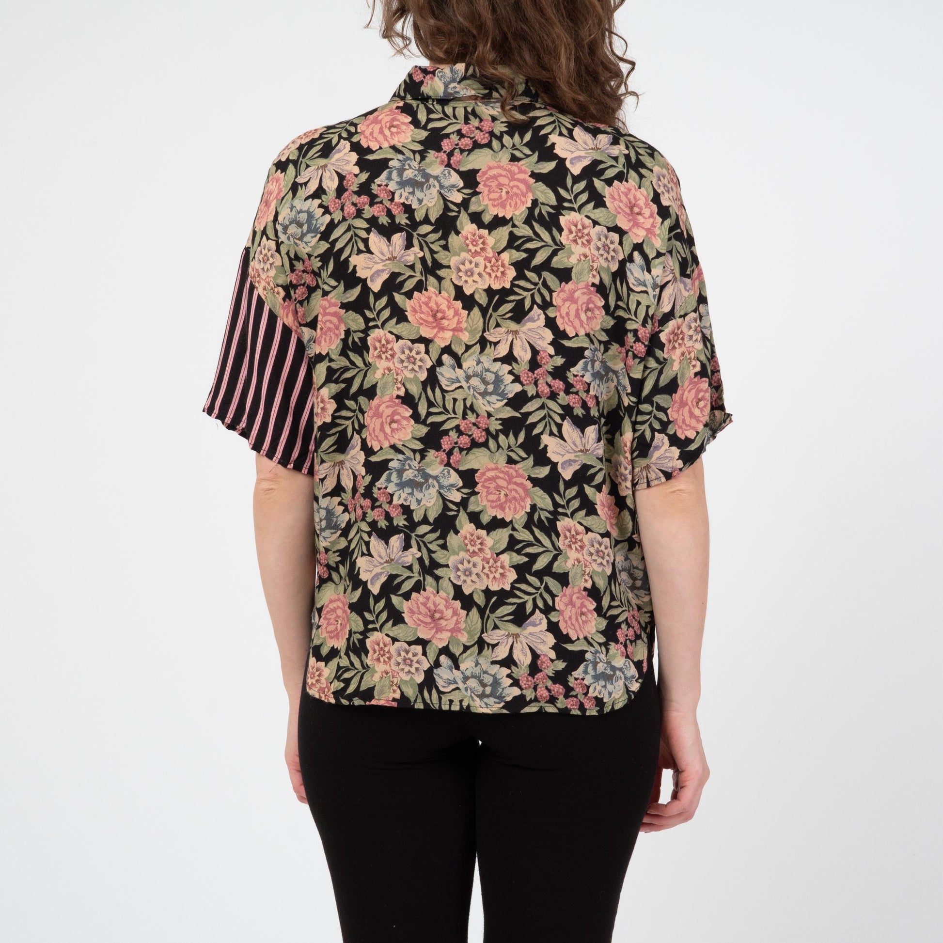 Vintage 90s Floral & Striped Print Button Up Shirt - Medium | Oversize Short Sleeve Grunge Top