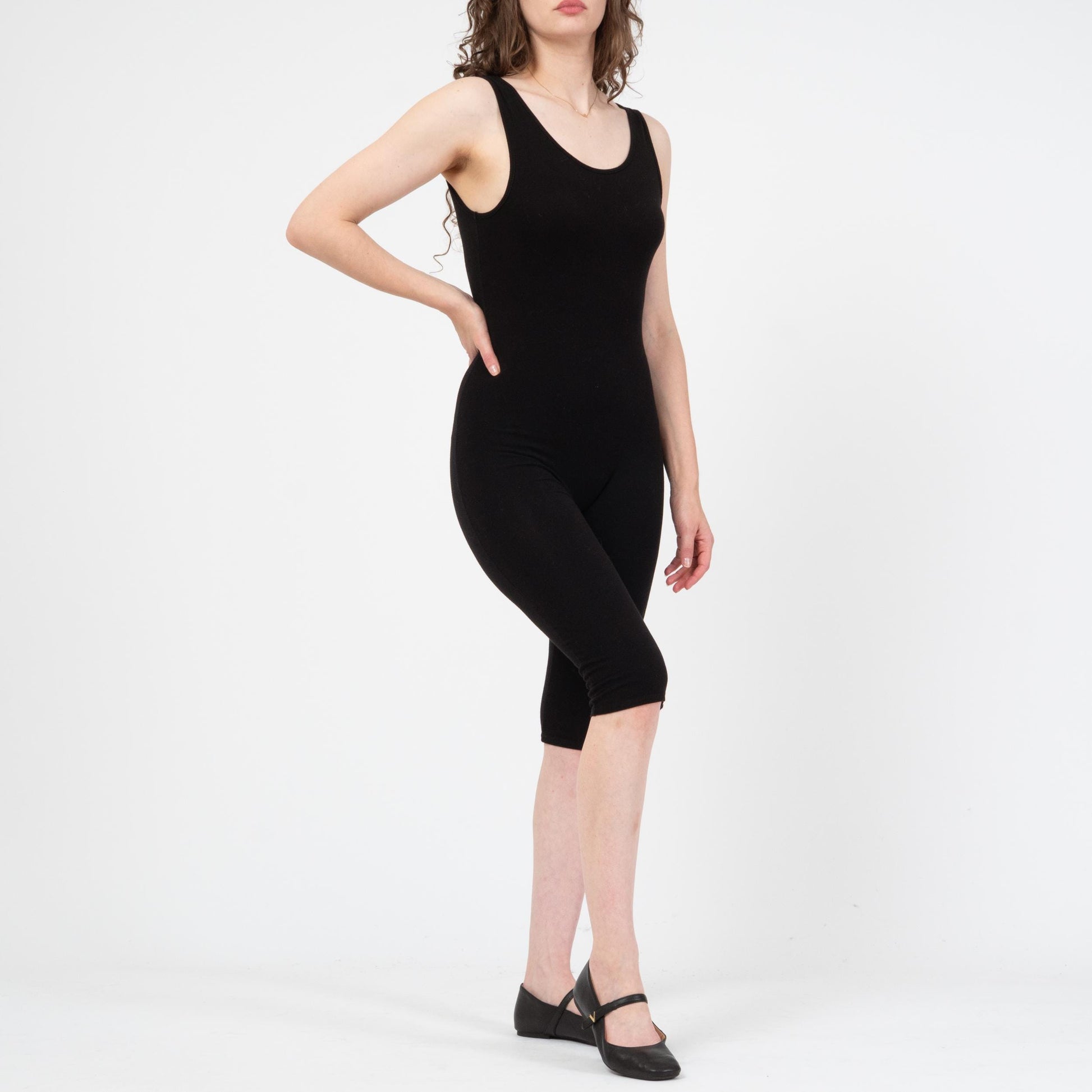 Vintage 90s Black Low Back Unitard - Small to Medium | Capri Length Sporty Stretch Scoop Neck Leotard Catsuit