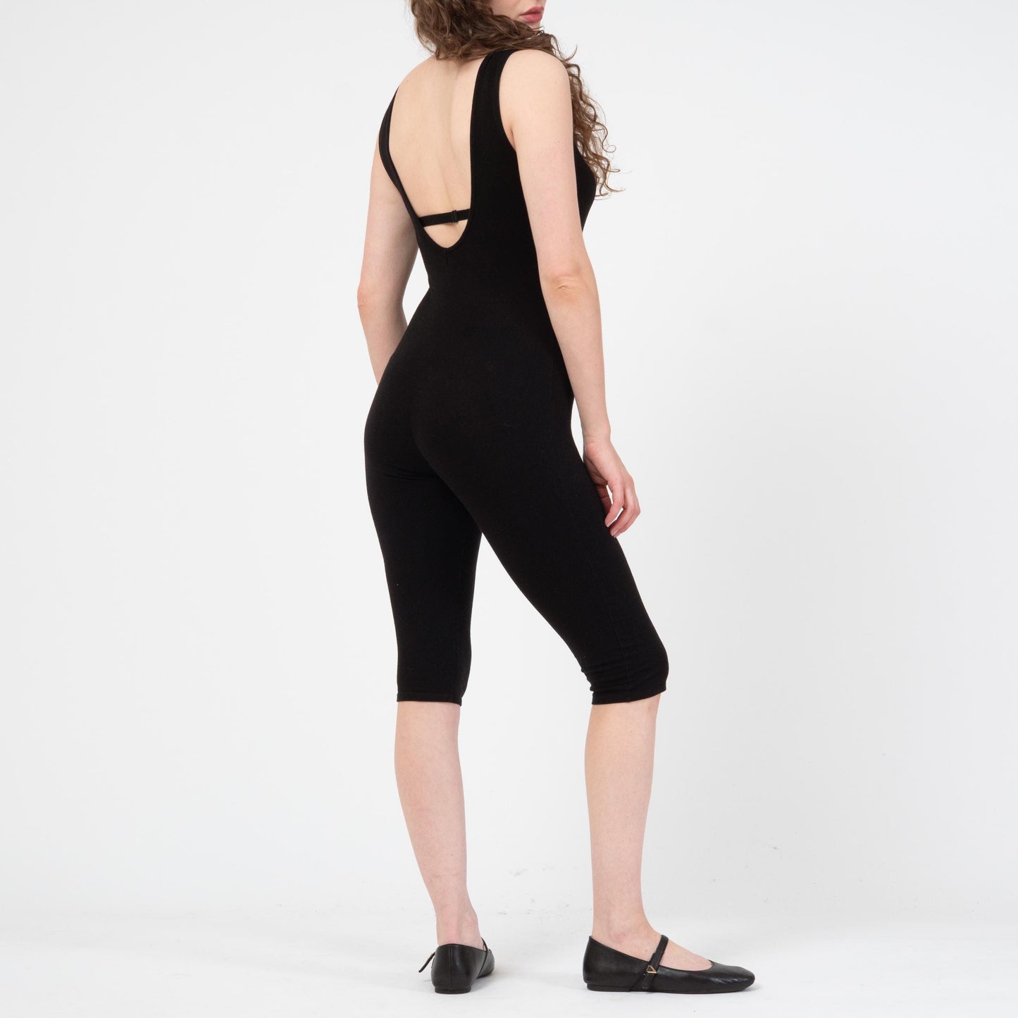 Vintage 90s Black Low Back Unitard - Small to Medium | Capri Length Sporty Stretch Scoop Neck Leotard Catsuit