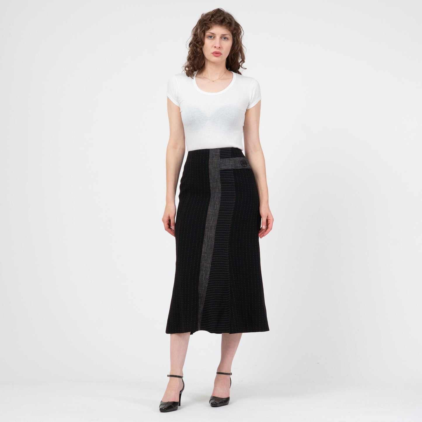 Vintage 90s Black & White Midi Trumpet Skirt - Small | Boho A Line Dash Print Long Skirt