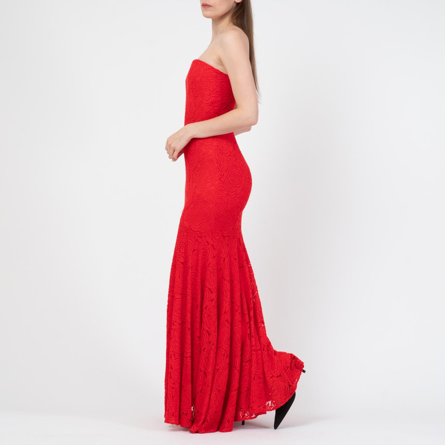Vintage Y2K Cache Red Lace Strapless Mermaid Gown - Small | Sexy Formal Prom Party Dress