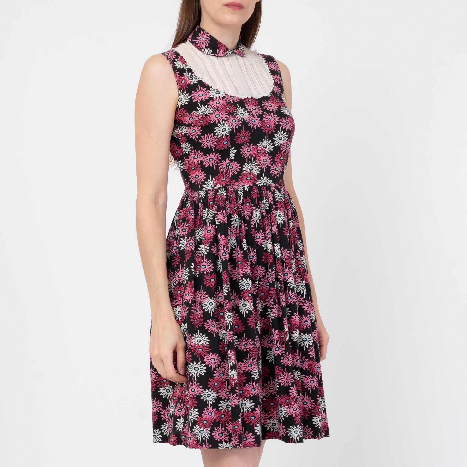 Vintage 50s Black & Pink Daisy Floral Day Dress - Extra Small | Retro Fit Flare Lace Bib Mini Dress