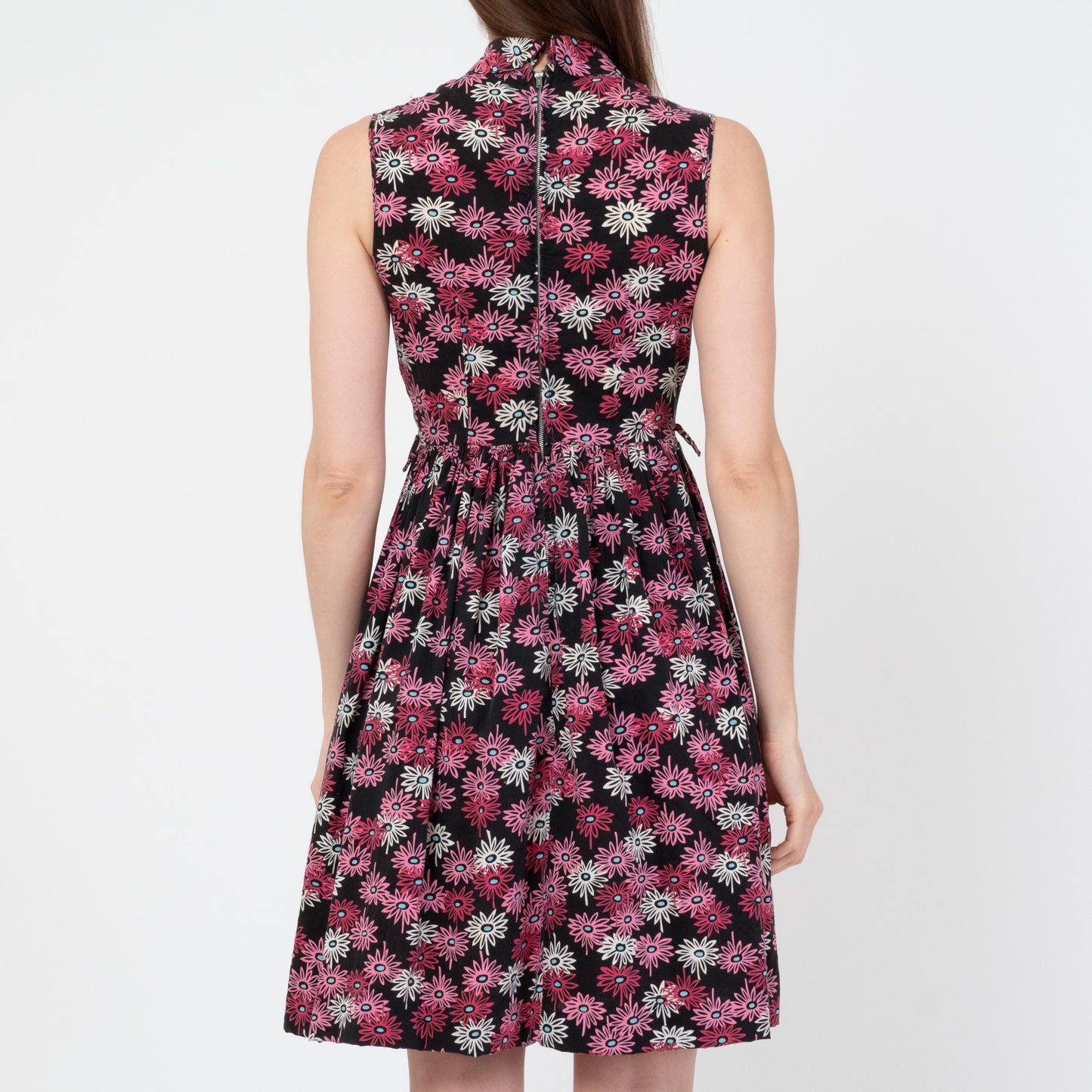 Vintage 50s Black & Pink Daisy Floral Day Dress - Extra Small | Retro Fit Flare Lace Bib Mini Dress