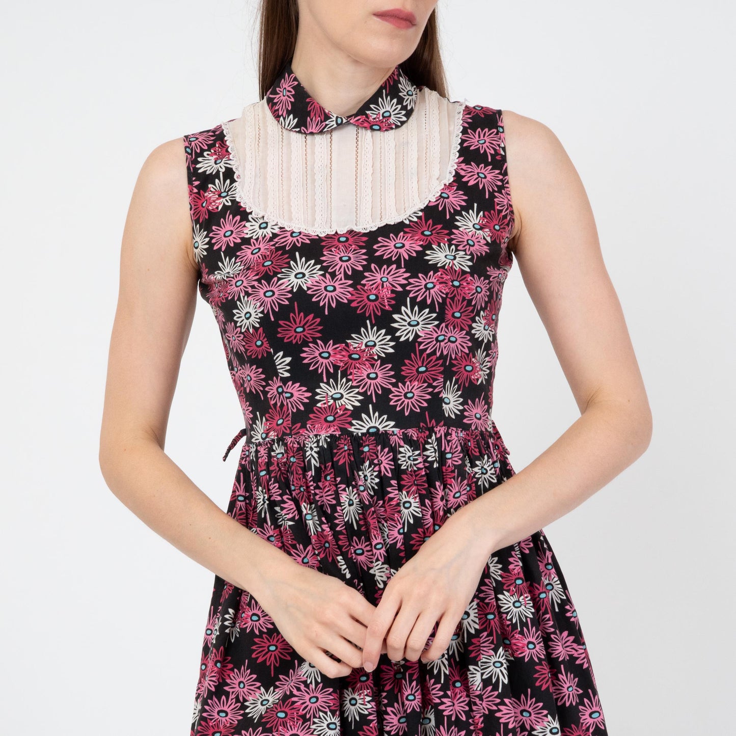 Vintage 50s Black & Pink Daisy Floral Day Dress - Extra Small | Retro Fit Flare Lace Bib Mini Dress