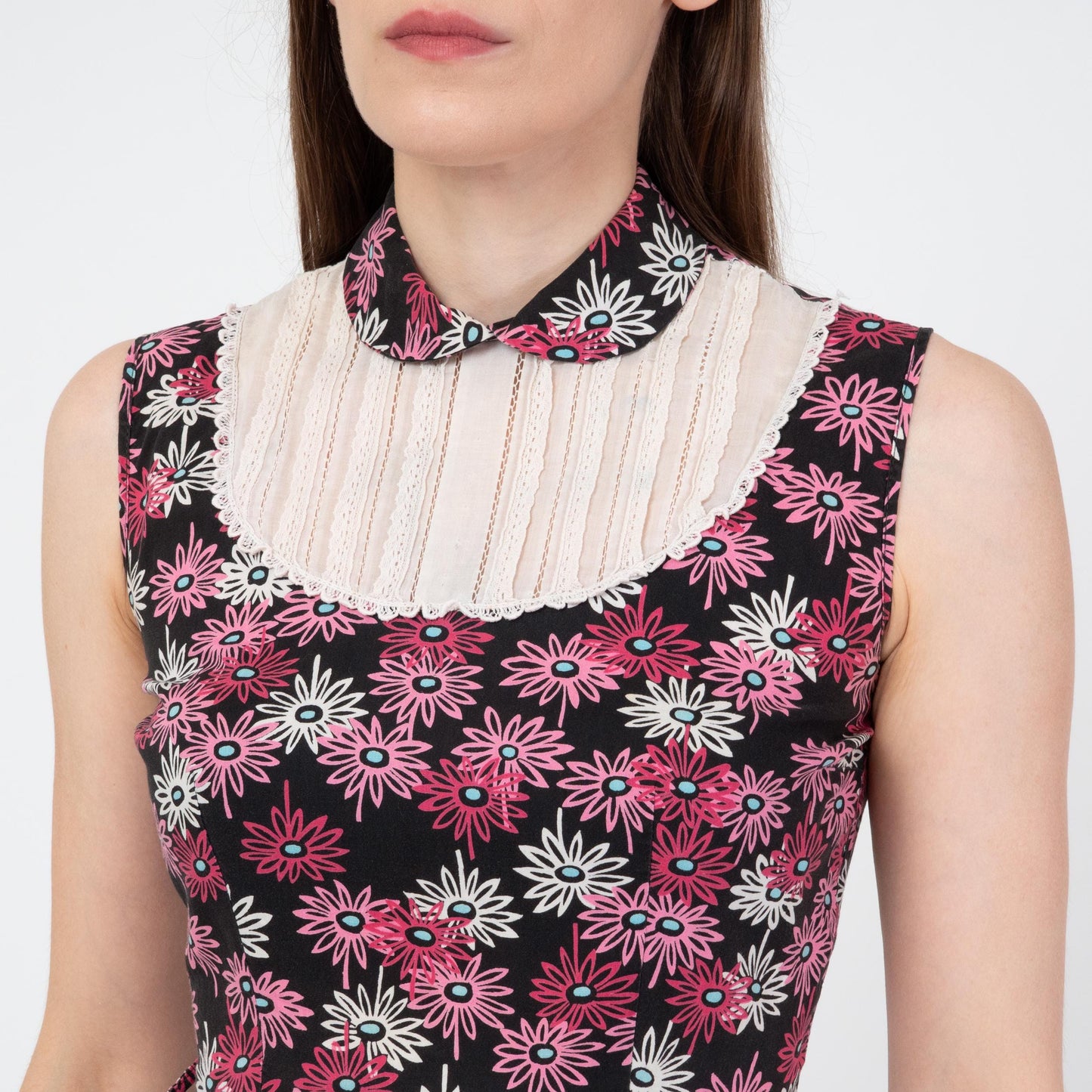 Vintage 50s Black & Pink Daisy Floral Day Dress - Extra Small | Retro Fit Flare Lace Bib Mini Dress