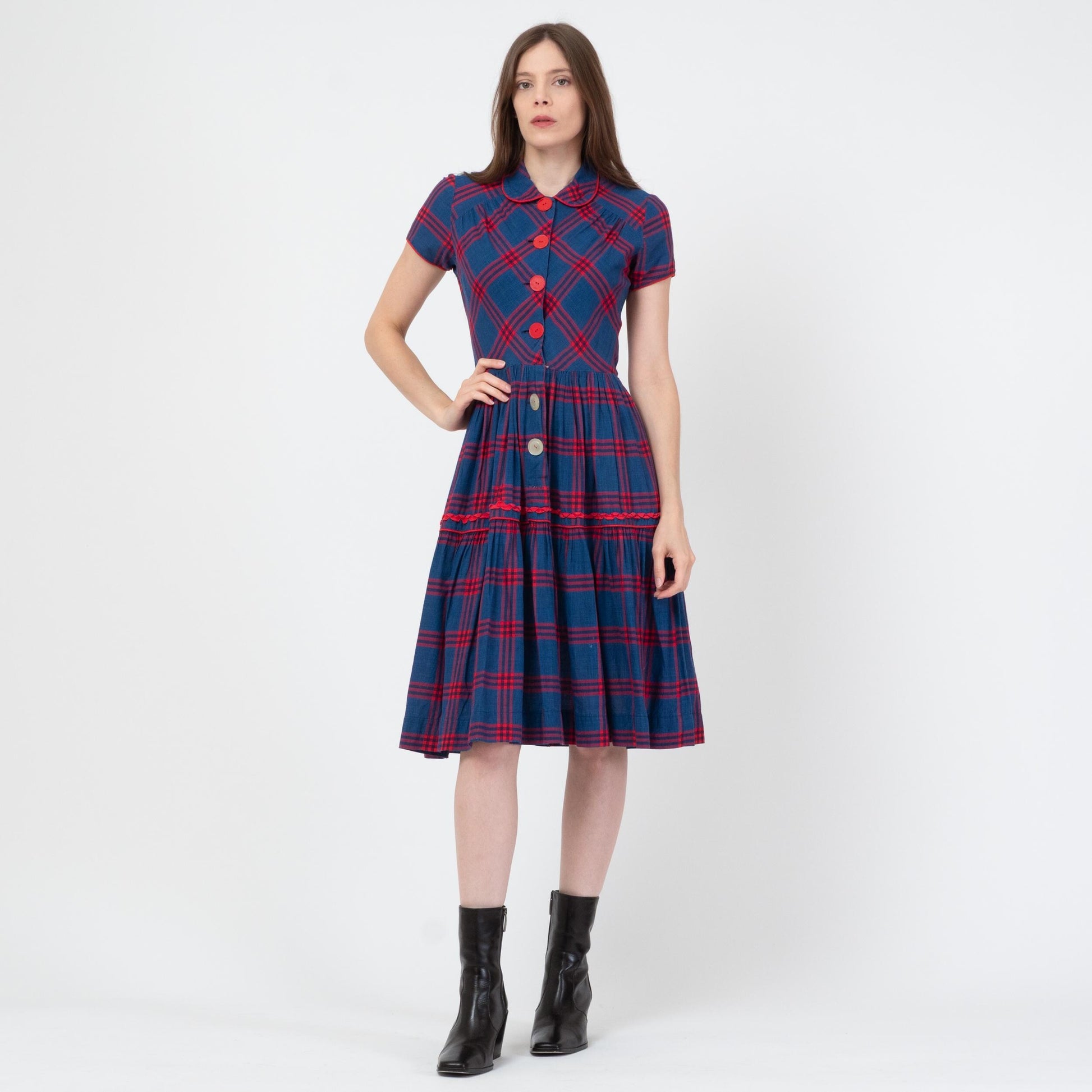 Vintage 40s 50s Blue & Red Plaid Shirtwaist Dress - Small | Retro Midi Fit Flare Day Dress