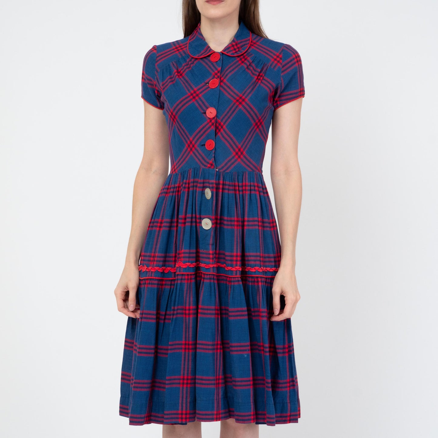Vintage 40s 50s Blue & Red Plaid Shirtwaist Dress - Small | Retro Midi Fit Flare Day Dress
