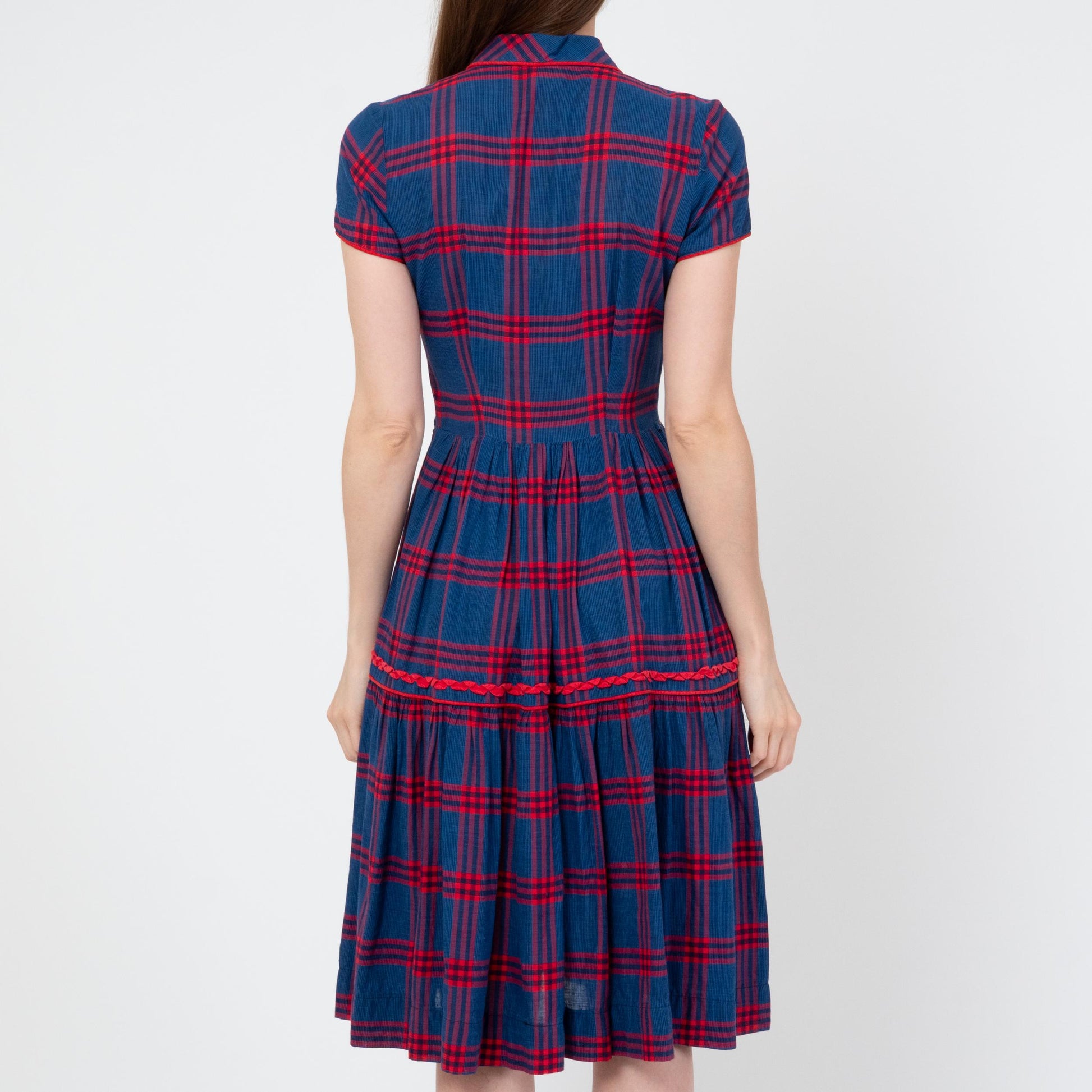 Vintage 40s 50s Blue & Red Plaid Shirtwaist Dress - Small | Retro Midi Fit Flare Day Dress