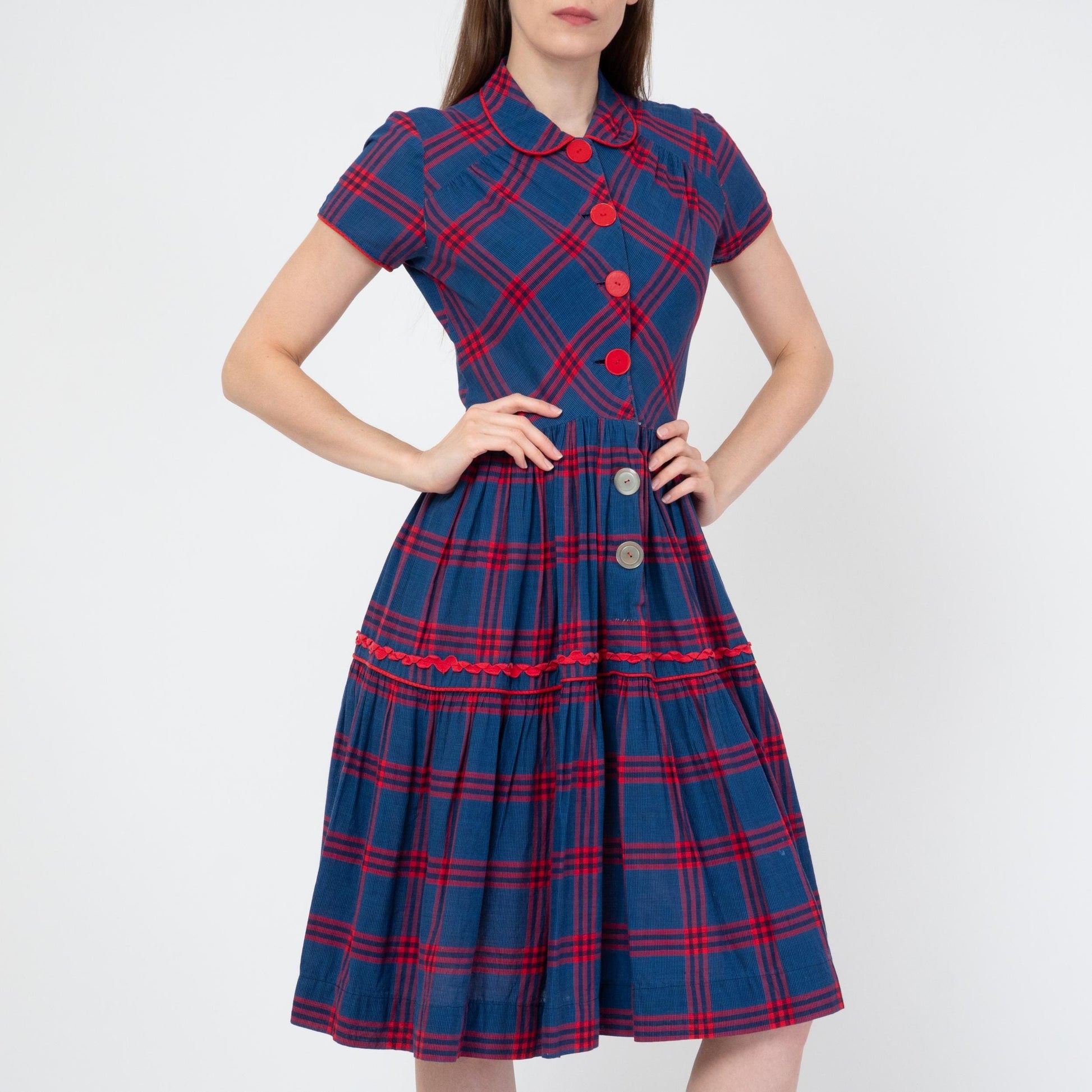 Vintage 40s 50s Blue & Red Plaid Shirtwaist Dress - Small | Retro Midi Fit Flare Day Dress