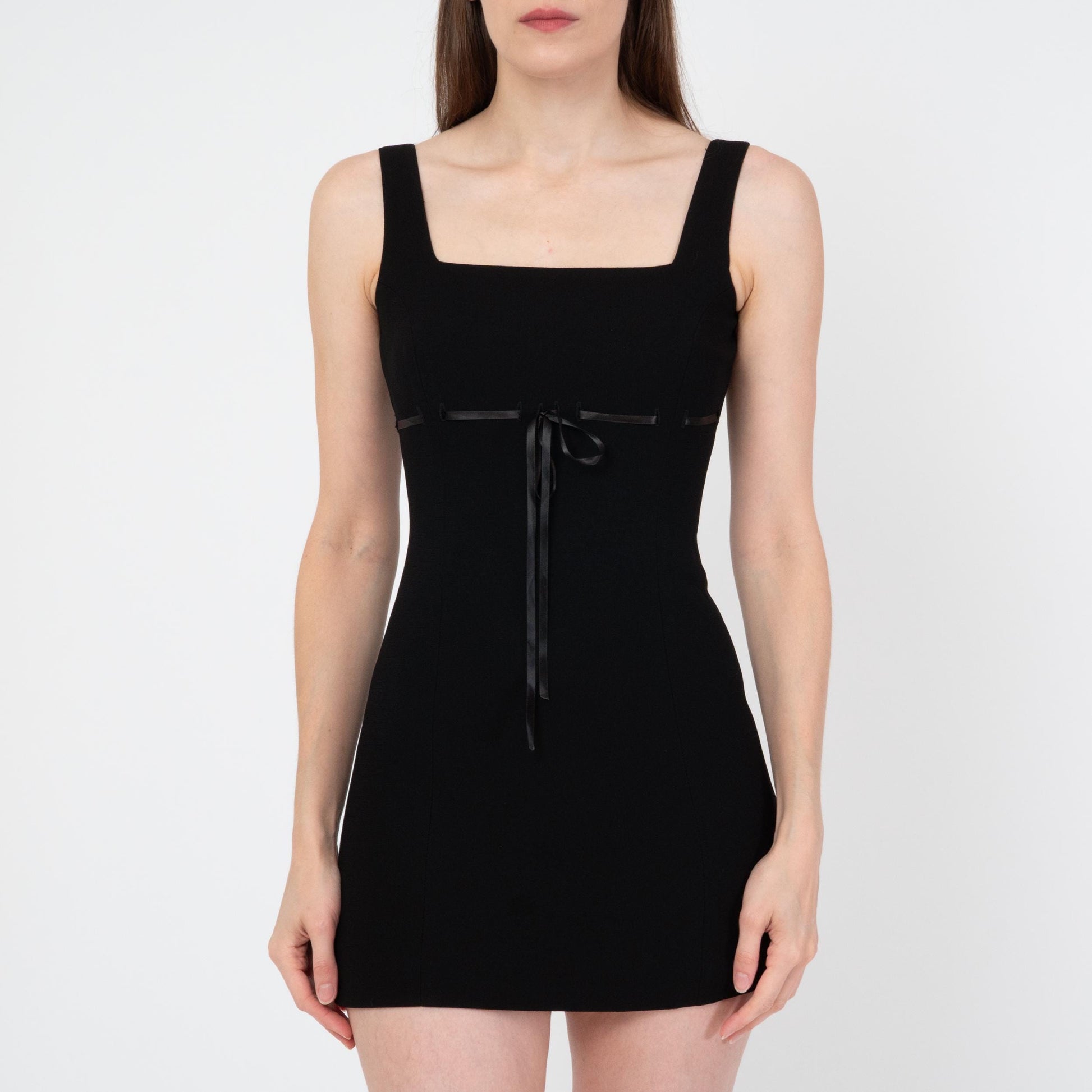 Vintage Y2K Bebe Black Mini Party Dress - Extra Small | Sleeveless Satin Tie Bodycon LBD
