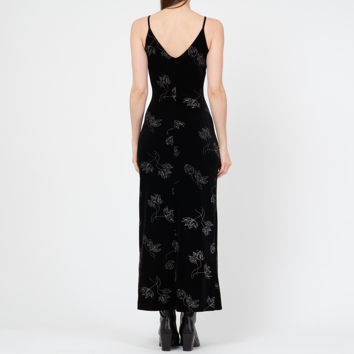 Vintage 90s Black Velvet Floral Maxi Dress - Small | Metallic Silver Sleeveless Grunge Party Dress