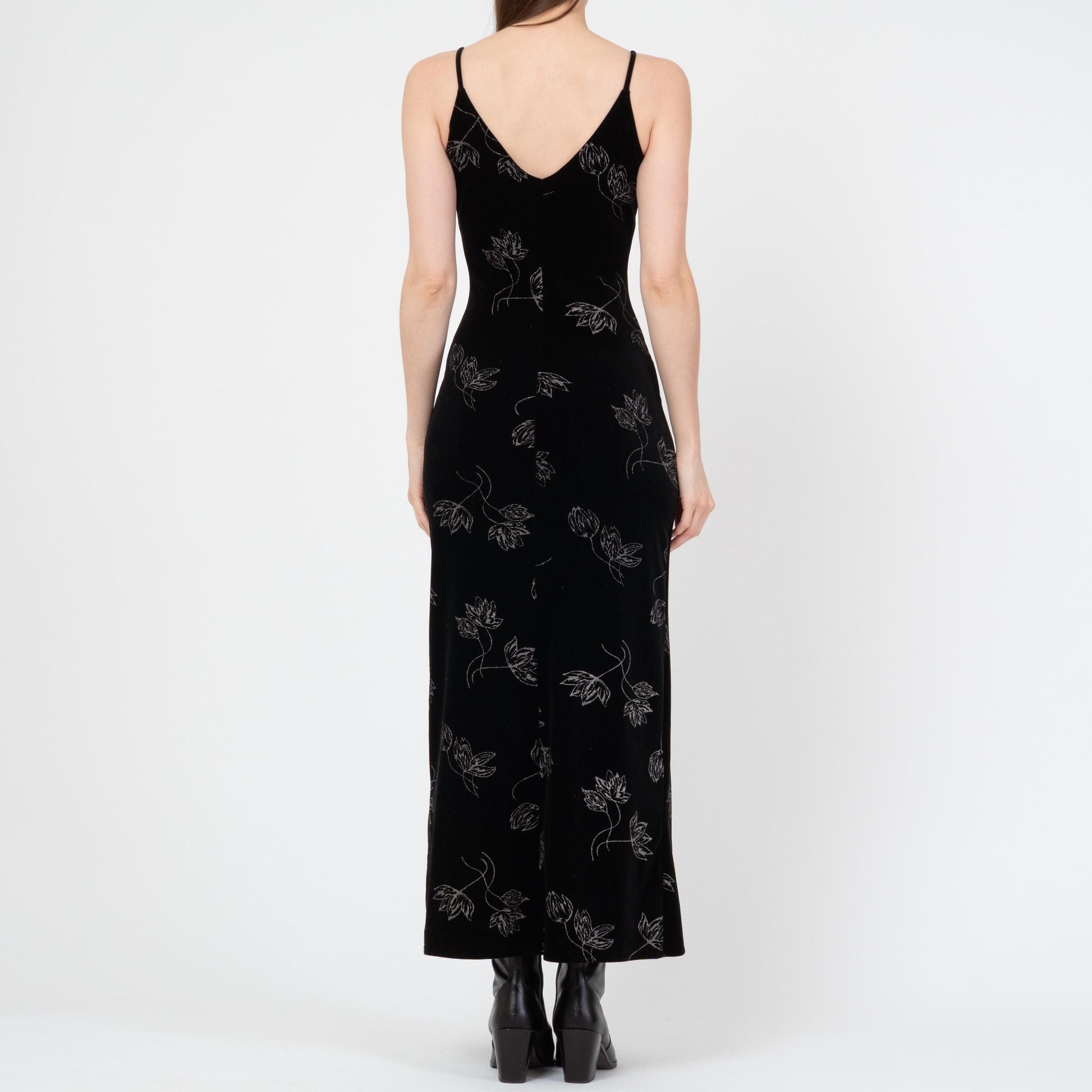 Vintage 90s Black Velvet Floral Maxi Dress - Small | Metallic Silver Sleeveless Grunge Party Dress