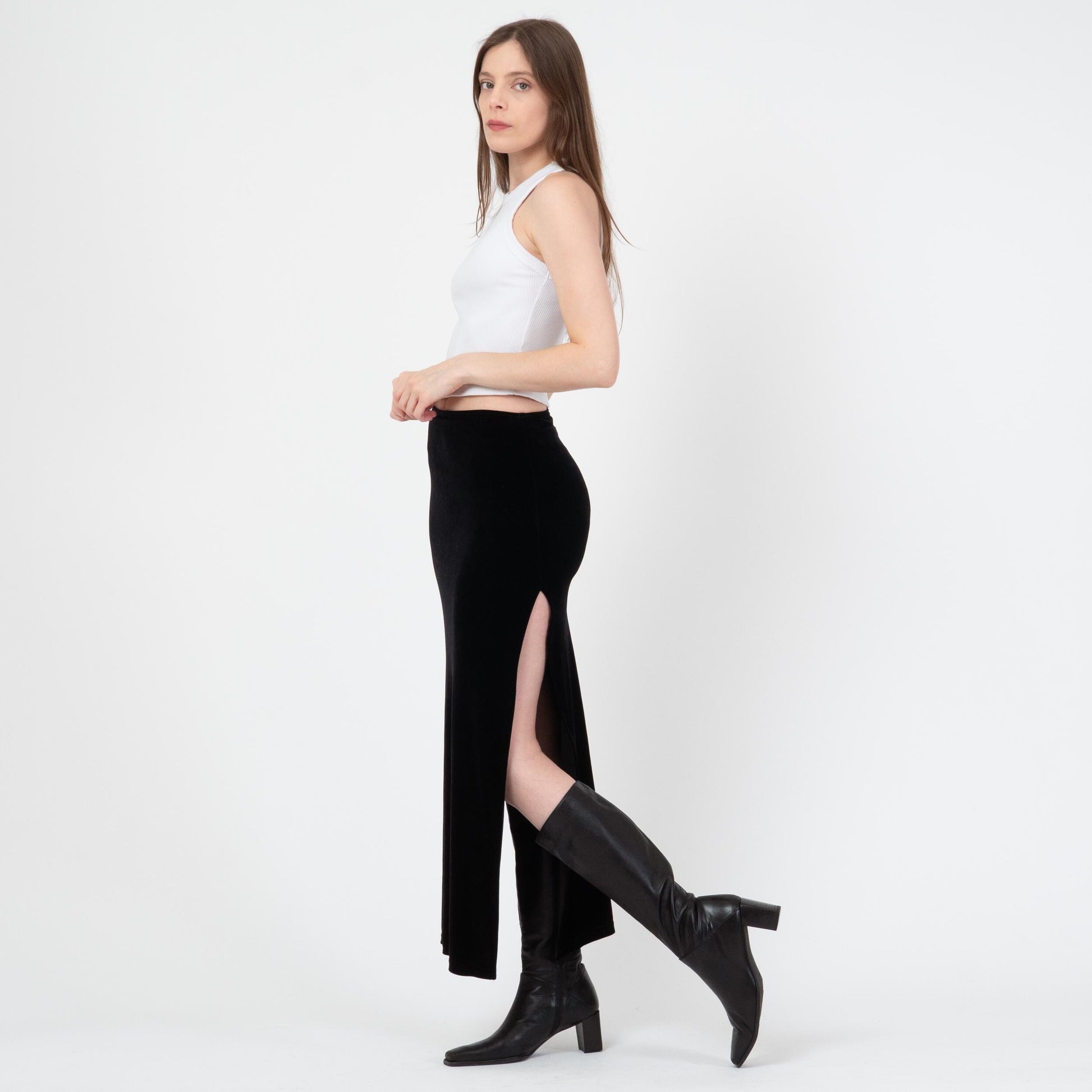 Vintage 90s Black Velvet High Slit Maxi Skirt - Small | Grunge High Waisted Long Slinky Skirt