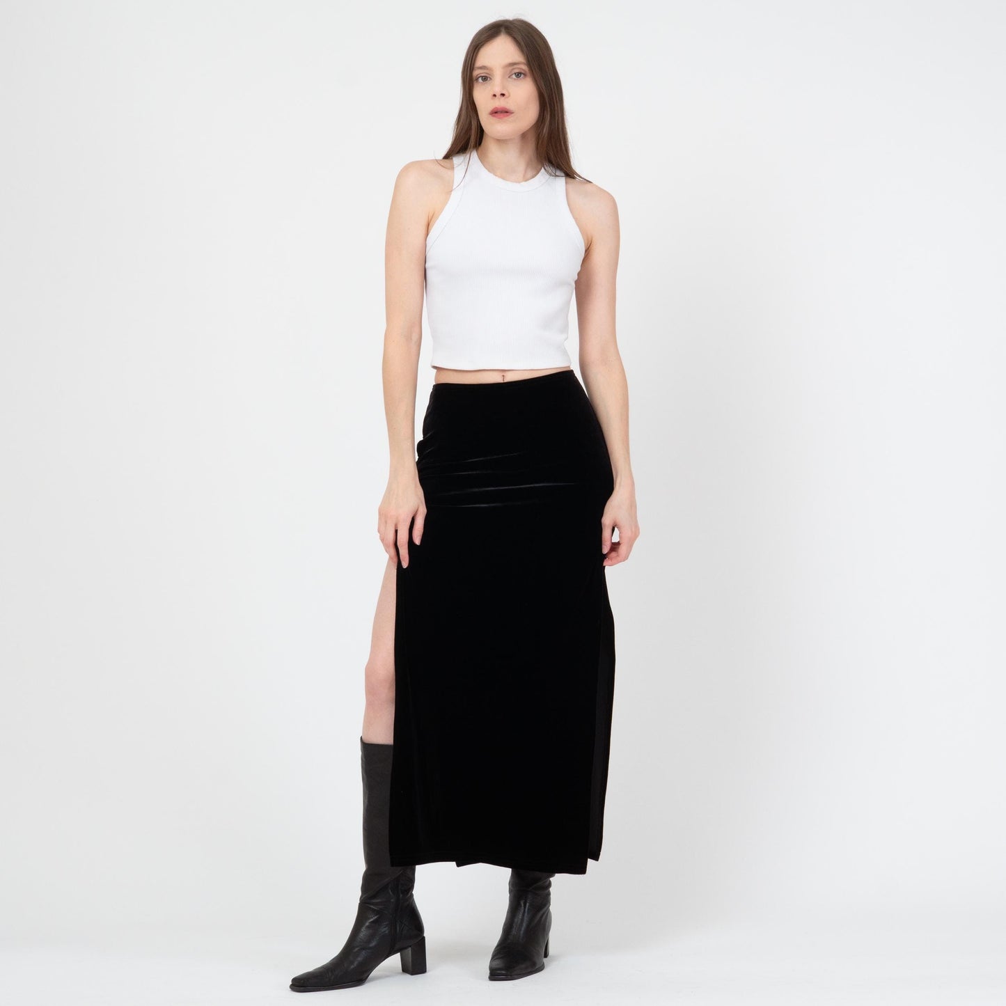 Vintage 90s Black Velvet High Slit Maxi Skirt - Small | Grunge High Waisted Long Slinky Skirt