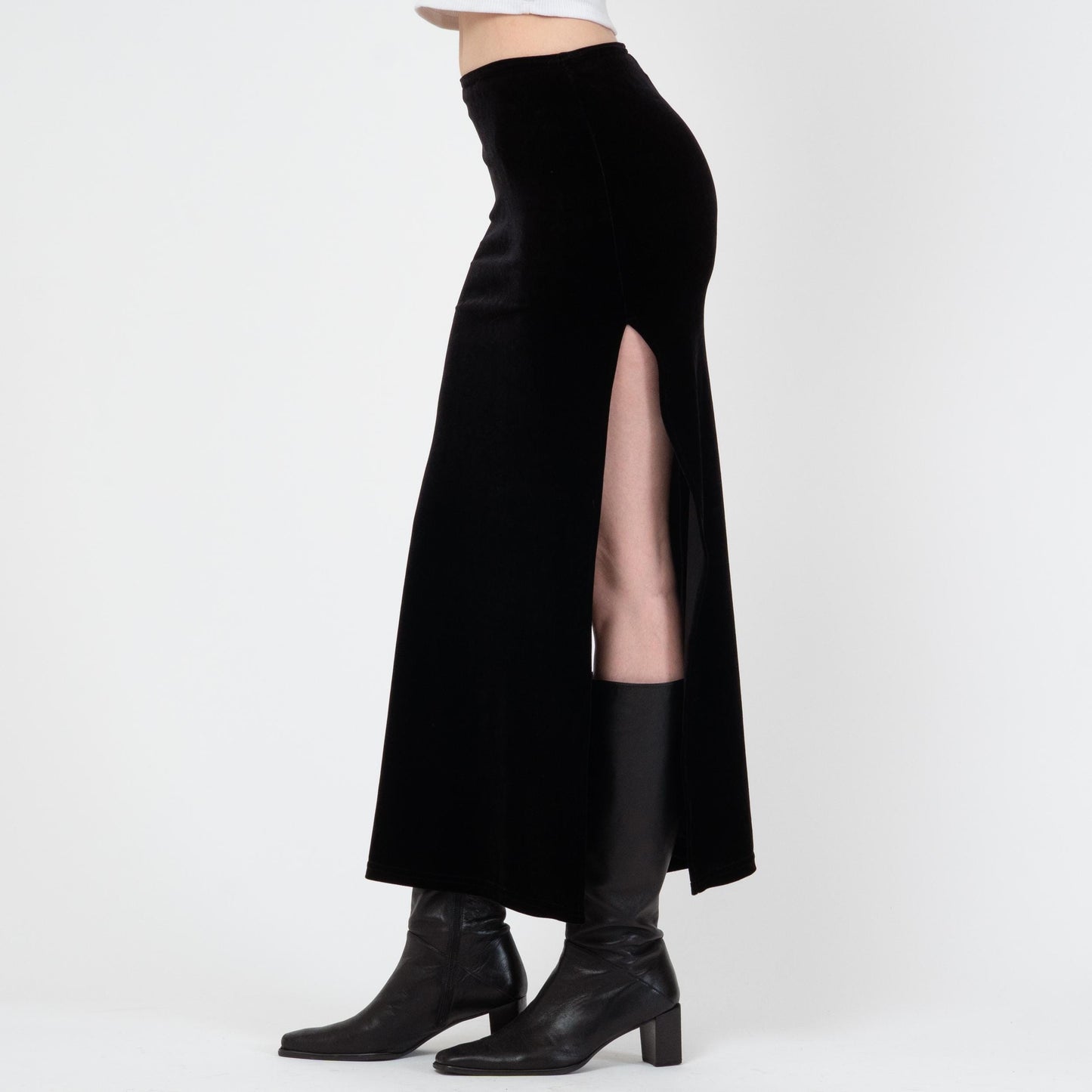 Vintage 90s Black Velvet High Slit Maxi Skirt - Small | Grunge High Waisted Long Slinky Skirt