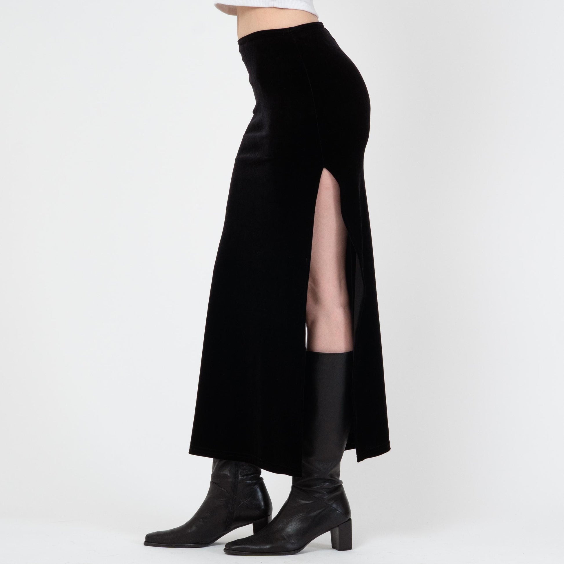 Vintage 90s Black Velvet High Slit Maxi Skirt - Small | Grunge High Waisted Long Slinky Skirt