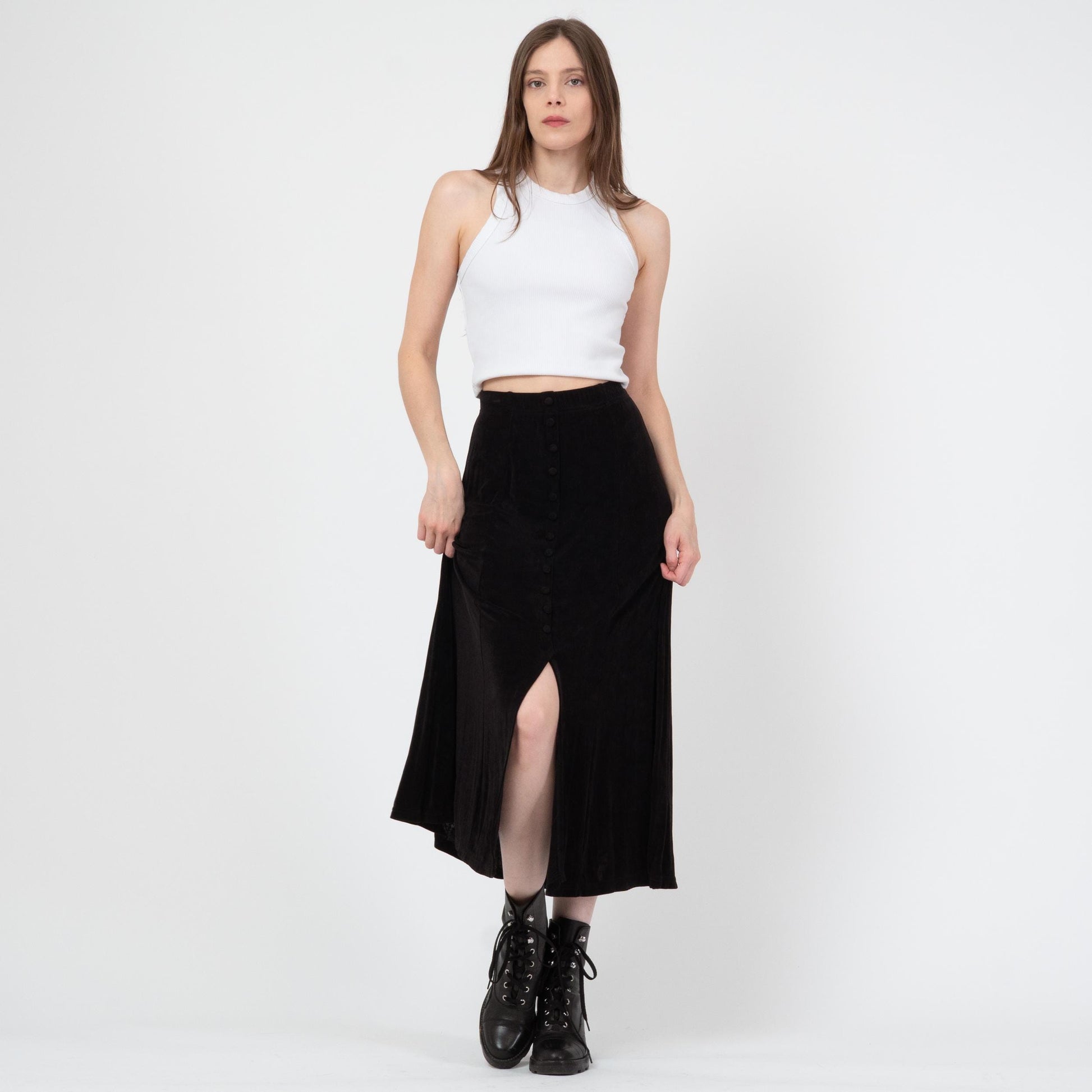 Vintage 90s Slinky Black Button Front Maxi Skirt - XS to Small | Stretchy A Line Minimalist Skirt