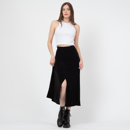 Vintage 90s Slinky Black Button Front Maxi Skirt - XS to Small | Stretchy A Line Minimalist Skirt