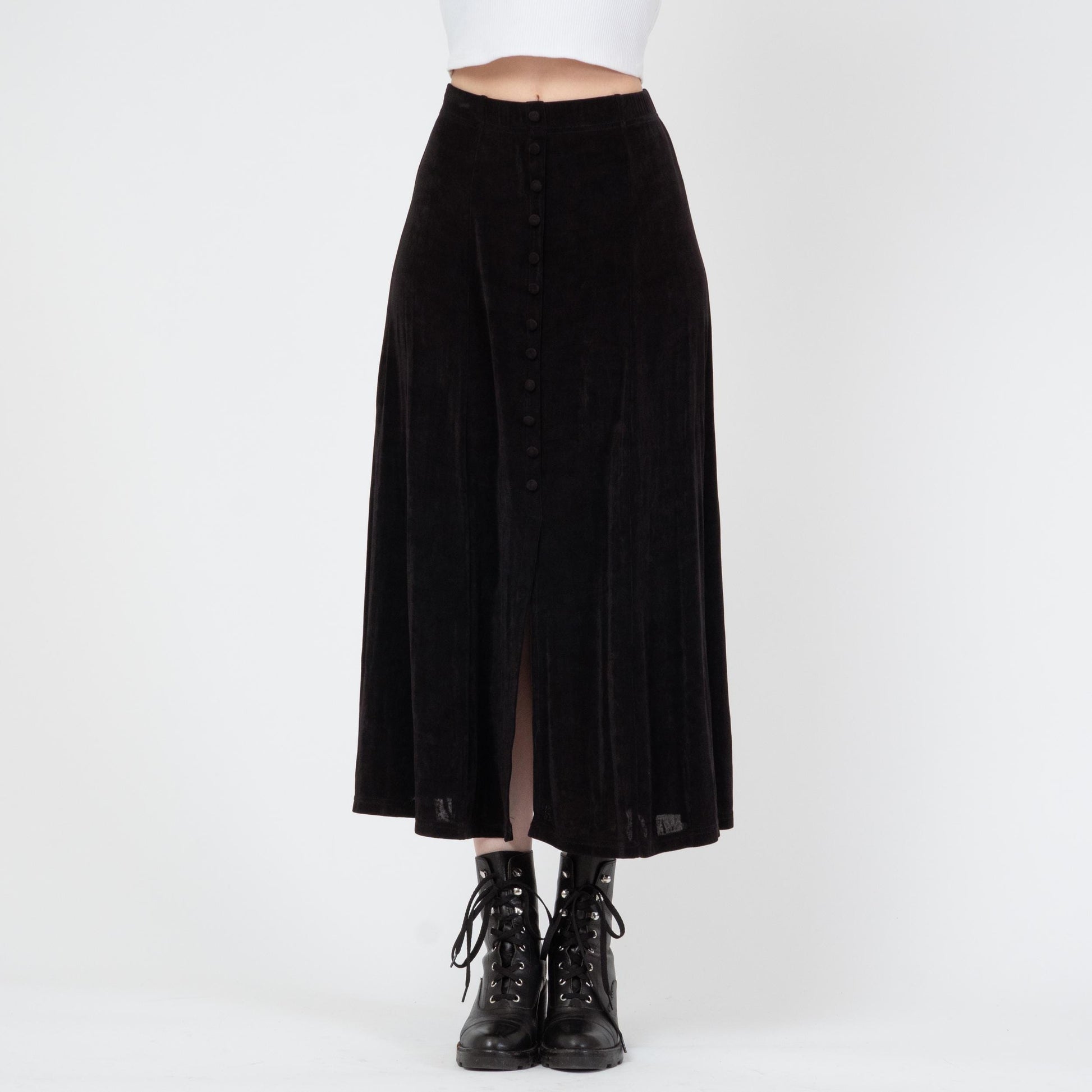 Vintage 90s Slinky Black Button Front Maxi Skirt - XS to Small | Stretchy A Line Minimalist Skirt