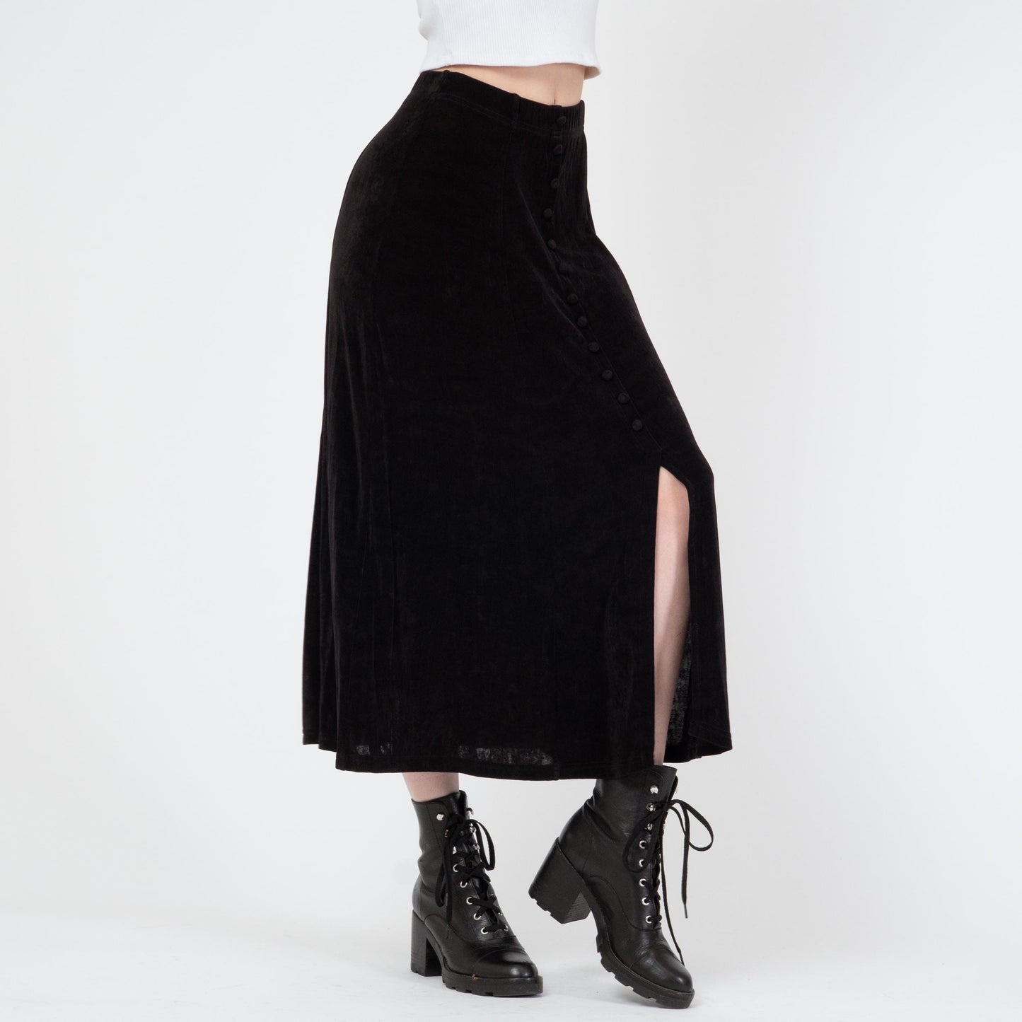 Vintage 90s Slinky Black Button Front Maxi Skirt - XS to Small | Stretchy A Line Minimalist Skirt
