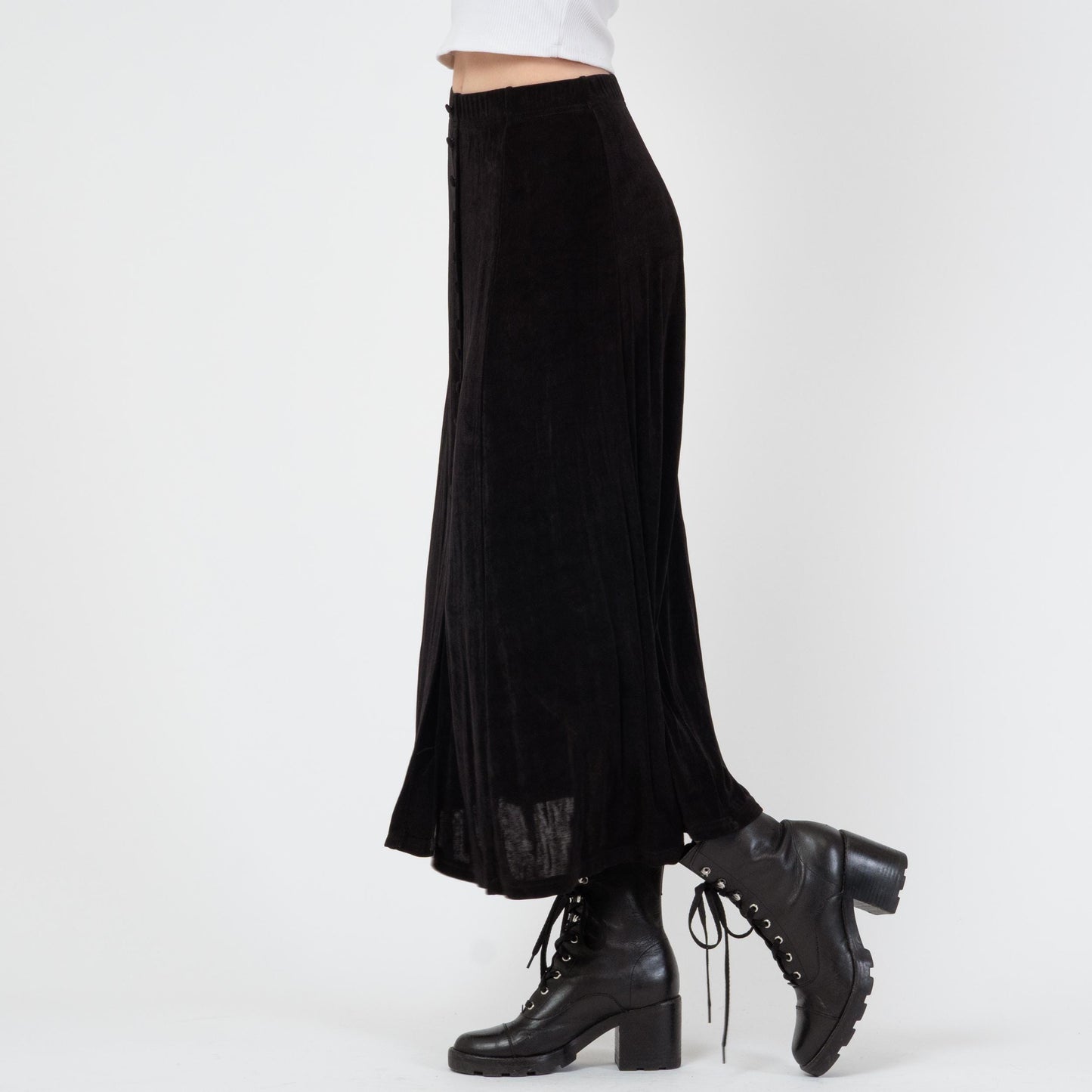 Vintage 90s Slinky Black Button Front Maxi Skirt - XS to Small | Stretchy A Line Minimalist Skirt