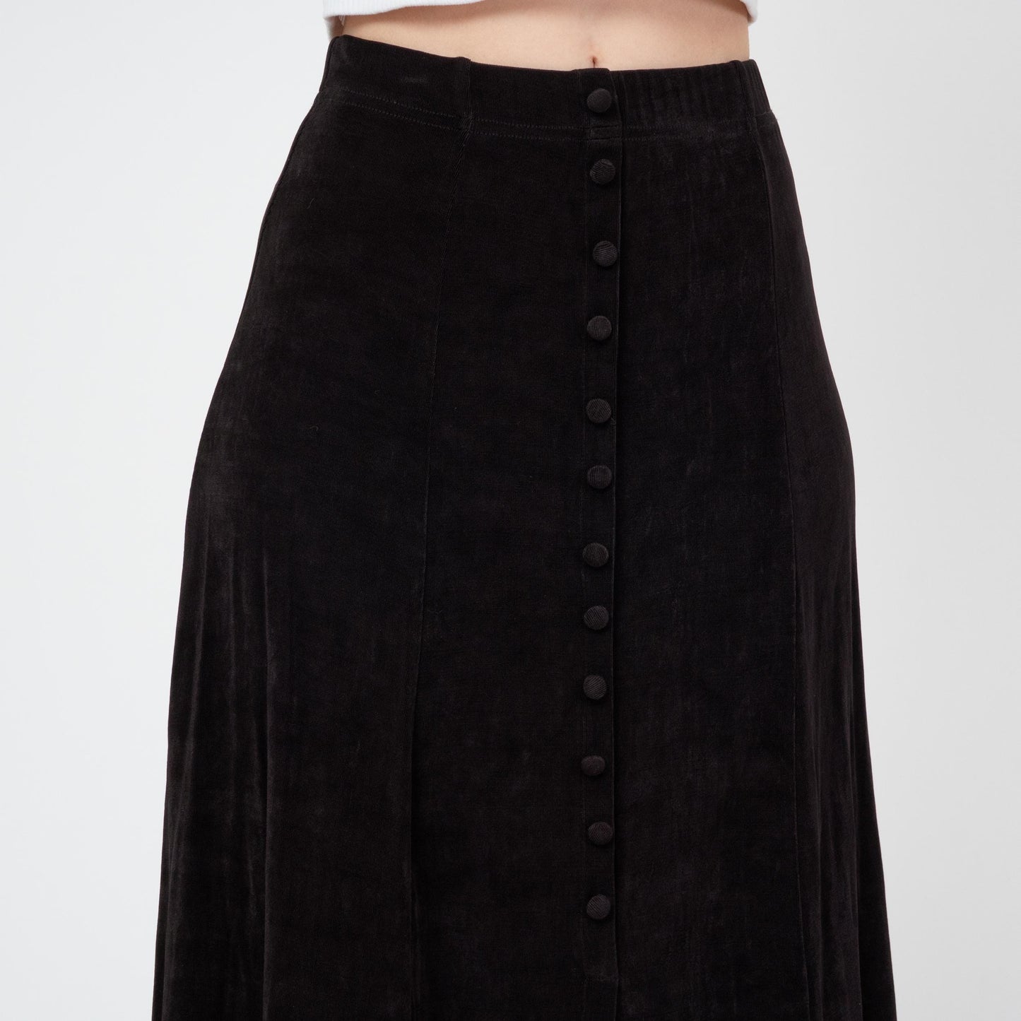 Vintage 90s Slinky Black Button Front Maxi Skirt - XS to Small | Stretchy A Line Minimalist Skirt