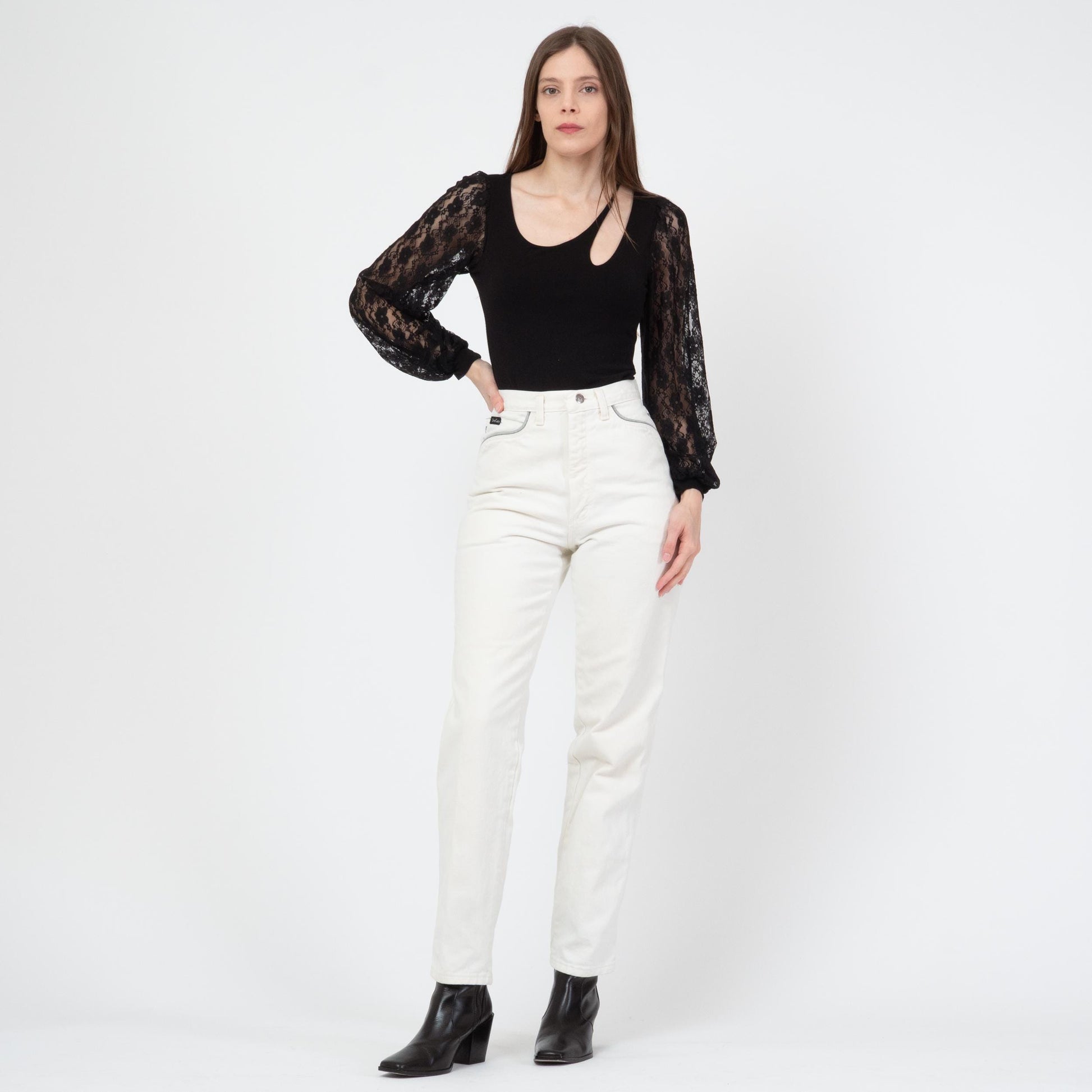 Vintage 80s Wrangler Silver Lake White Western Jeans - Small, 26" Waist | High Waisted Yoke Trim Slim Leg Jeans