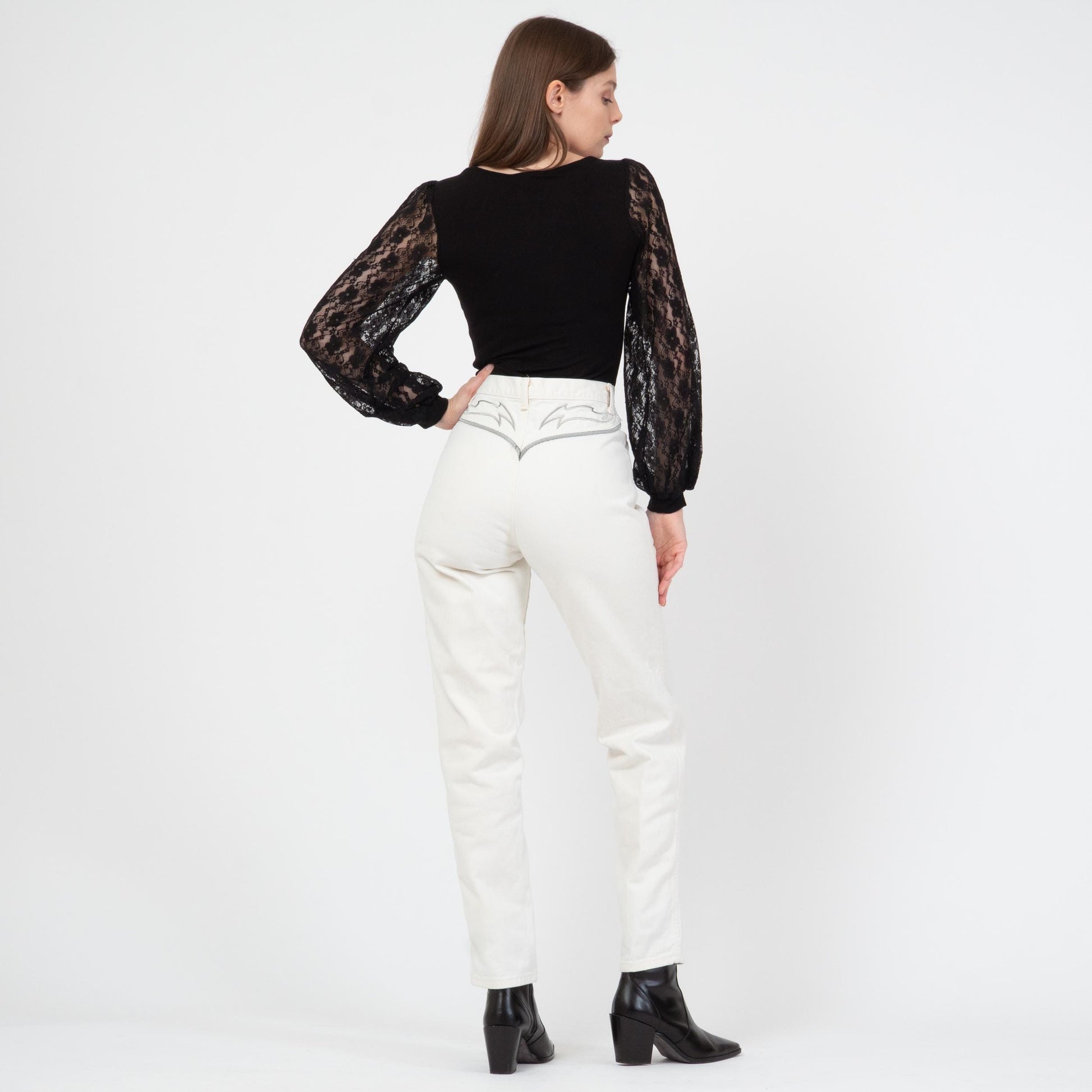 Vintage 80s Wrangler Silver Lake White Western Jeans - Small, 26" Waist | High Waisted Yoke Trim Slim Leg Jeans