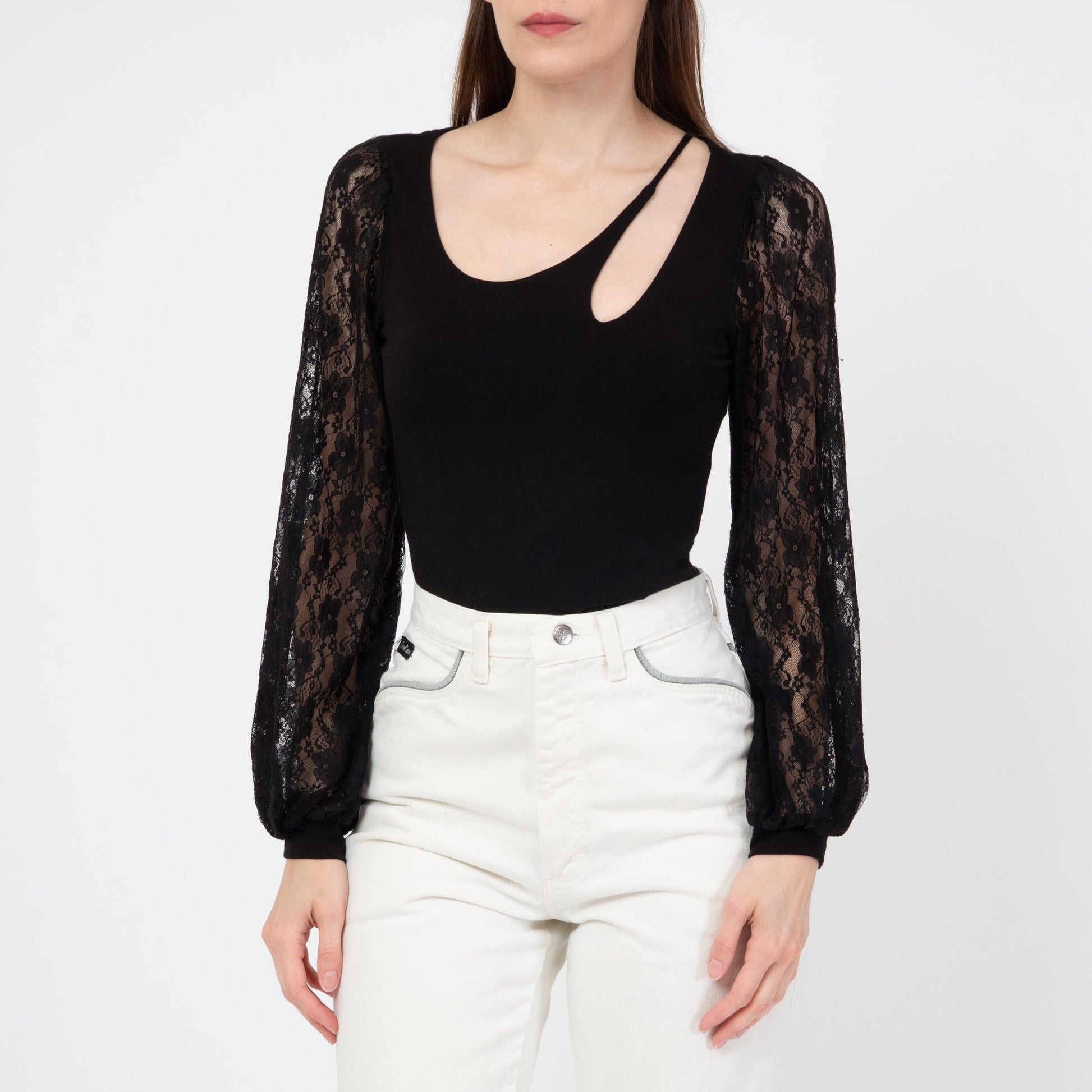 Vintage Y2K Black Lace Sleeve Keyhole Top - Small | Whimsigoth Sheer Balloon Sleeve Blouse