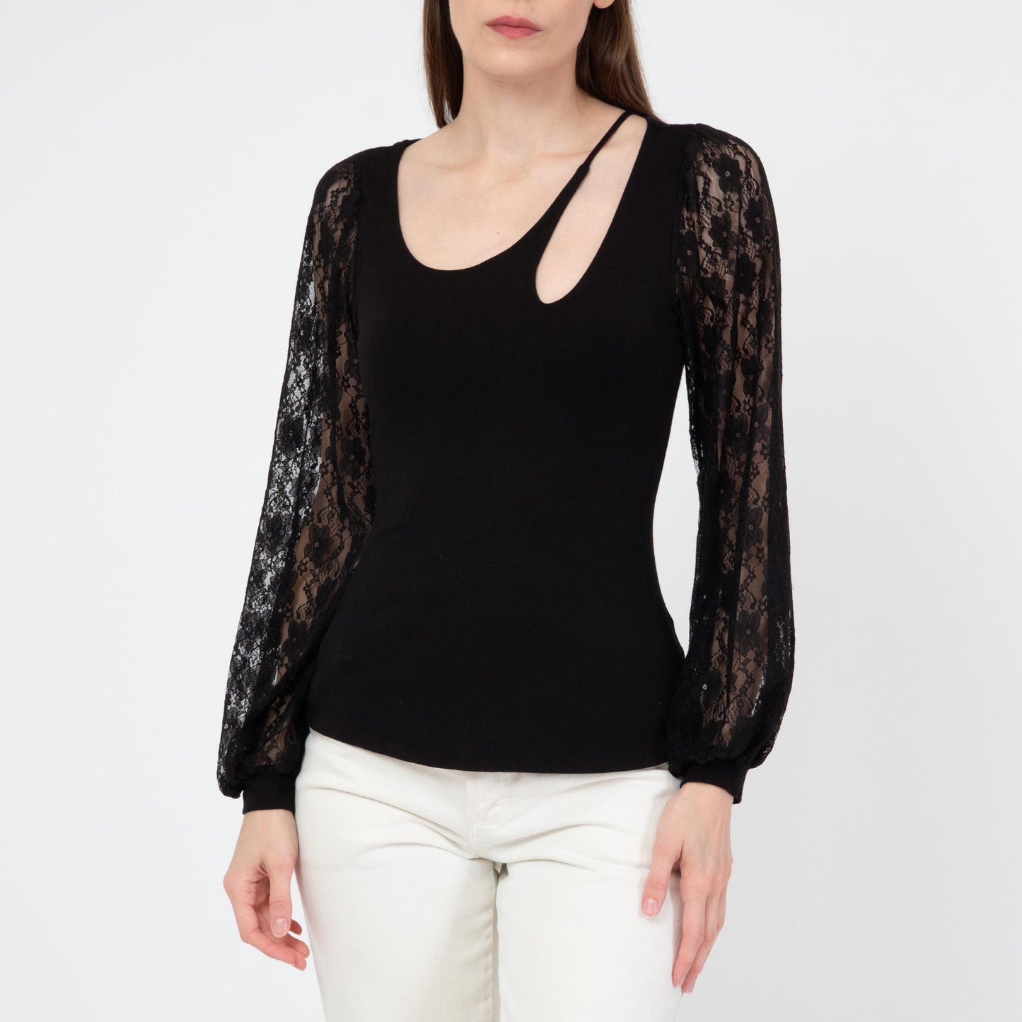 Vintage Y2K Black Lace Sleeve Keyhole Top - Small | Whimsigoth Sheer Balloon Sleeve Blouse
