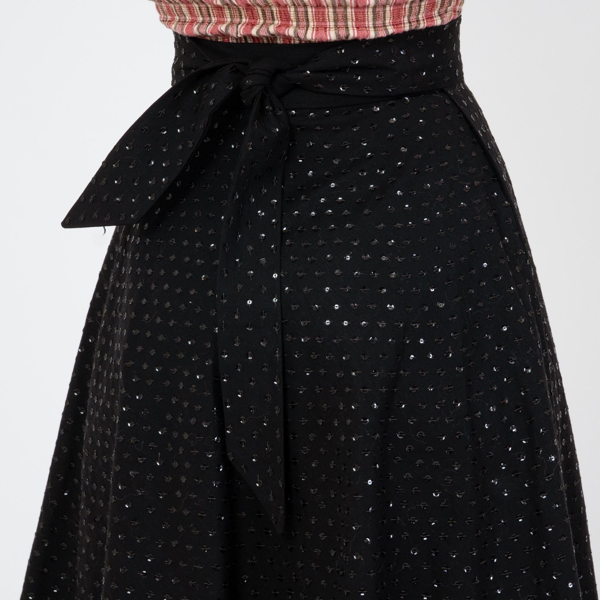 Vintage 50s Mexican Black Sequin Midi Skirt - Extra Small, 24" Waist | 1950s Teresa Taxco High Waisted Wrap Swing Skirt