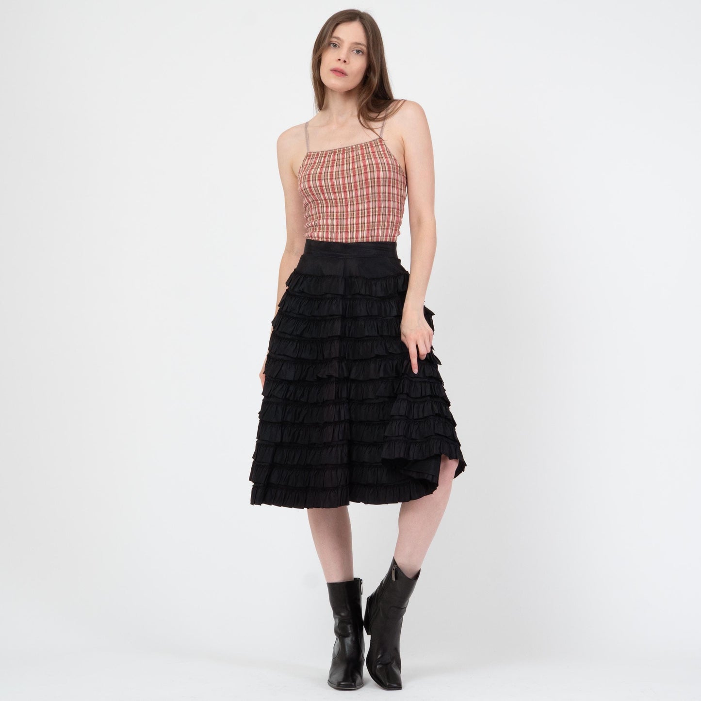 Vintage 50s Tiered Black Taffeta Ruffle Skirt - Extra Small, 25" Waist | 1950s High Waisted Midi Tutu Cupcake Skirt