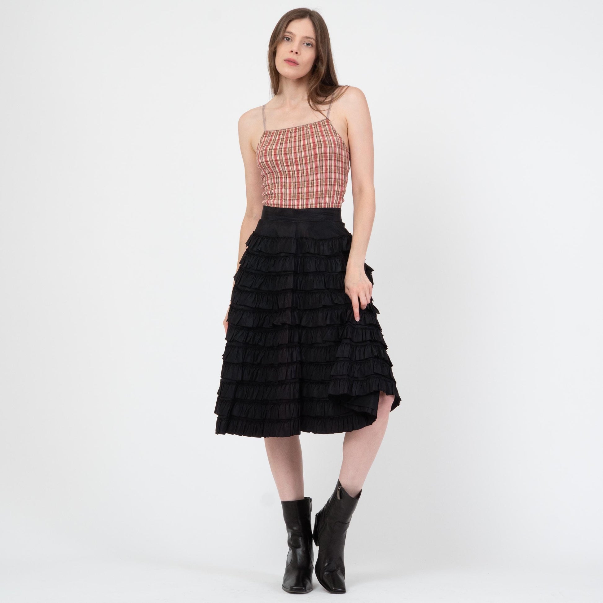 Vintage 50s Tiered Black Taffeta Ruffle Skirt - Extra Small, 25" Waist | 1950s High Waisted Midi Tutu Cupcake Skirt