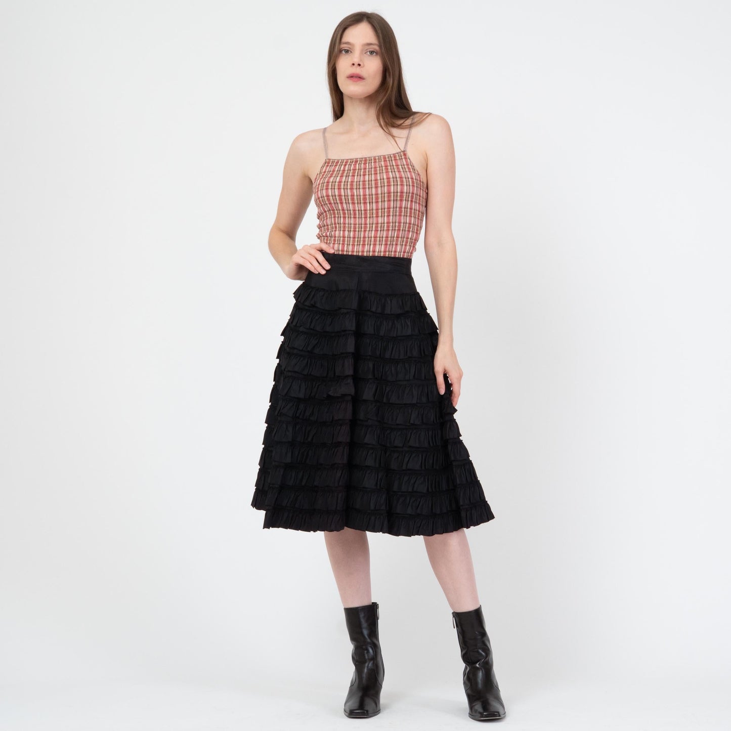 Vintage 50s Tiered Black Taffeta Ruffle Skirt - Extra Small, 25" Waist | 1950s High Waisted Midi Tutu Cupcake Skirt