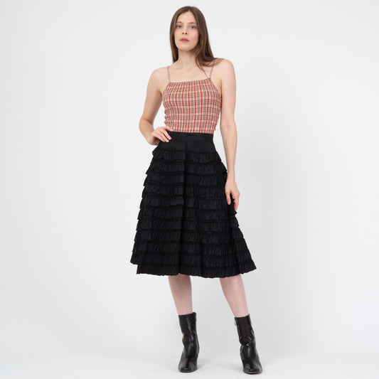 Vintage 50s Tiered Black Taffeta Ruffle Skirt - Extra Small, 25" Waist | 1950s High Waisted Midi Tutu Cupcake Skirt