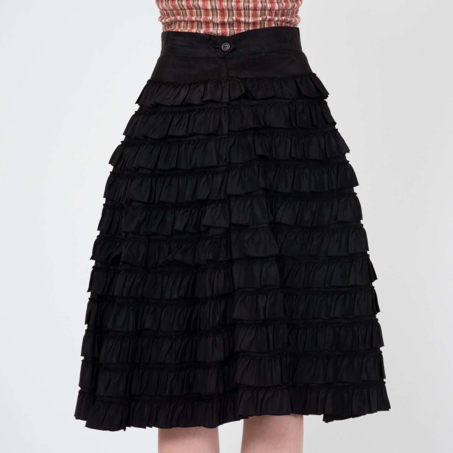 Vintage 50s Tiered Black Taffeta Ruffle Skirt - Extra Small, 25" Waist | 1950s High Waisted Midi Tutu Cupcake Skirt