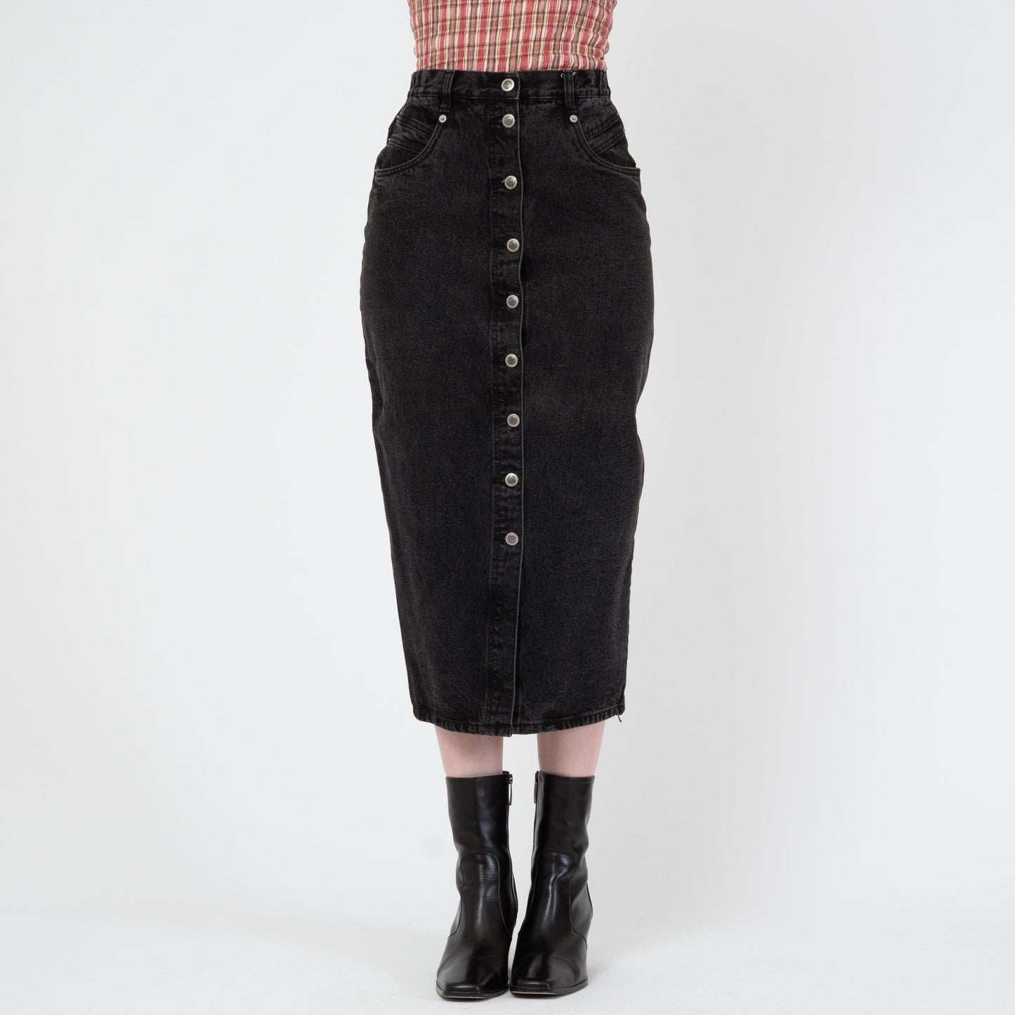 Vintage 80s Black Denim Midi Skirt - Small, 26" Waist | High Waisted Button Front Jean Pencil Skirt